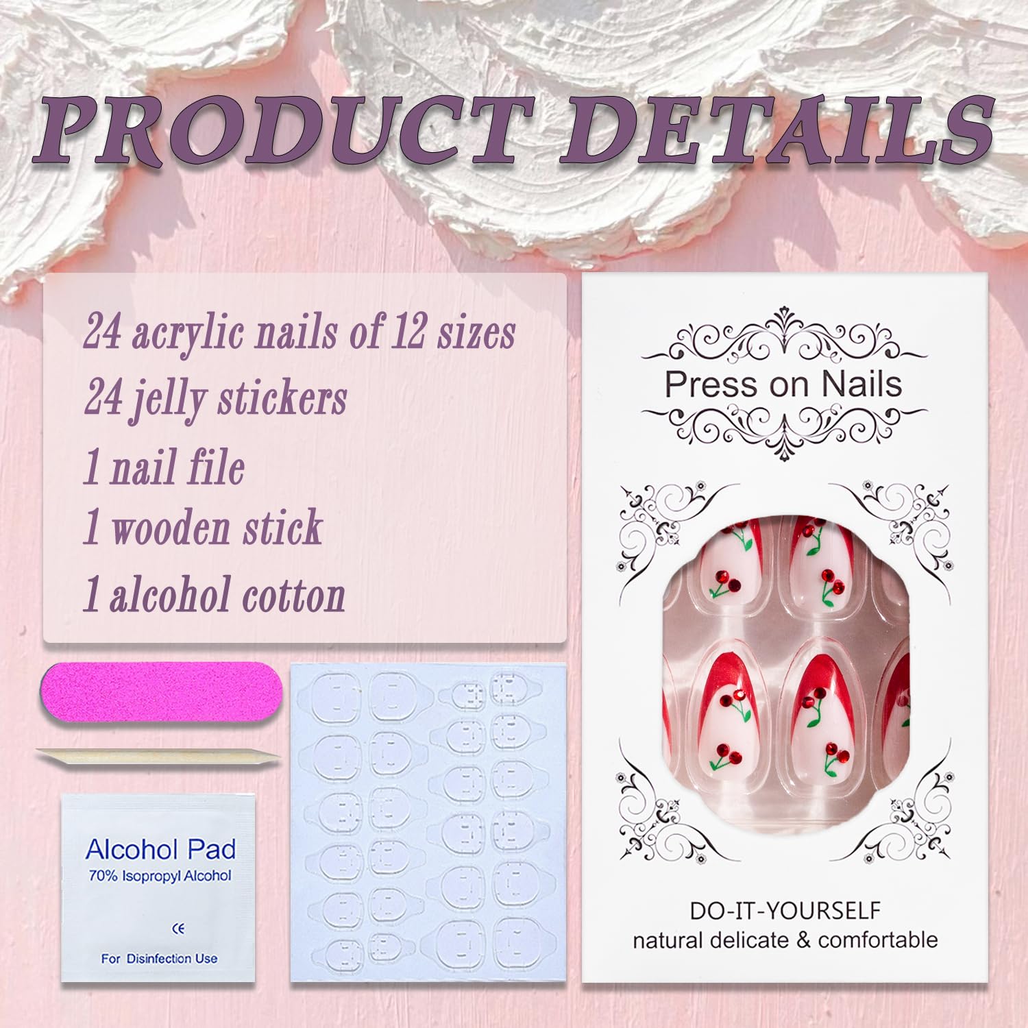 24Pcs Medium Almond French Tip Press on Nails with Rhinestones - Red Cherry Glossy Fake Nails for Women & Girls - Full Cover Acrylic Artificial Nails with Designs - Perfect for Parties, Weddings & Special Occasions