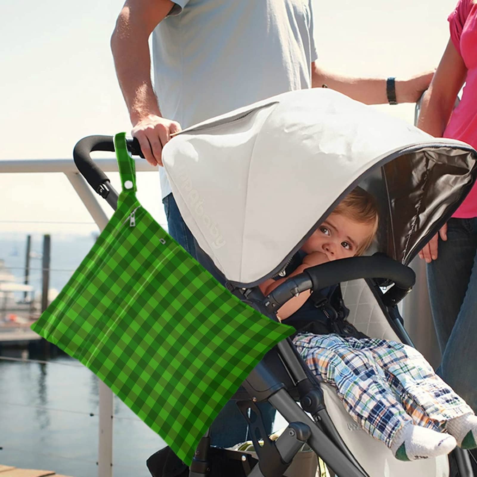 Visesunny 2-Pack Green Stripe Grid Wet Bags with Zippered Pockets - Reusable & Washable Waterproof Storage for Diapers, Swimsuits, Gym Clothes & Toiletries - Perfect for Travel, Beach, Pool, Daycare & Stroller Organization