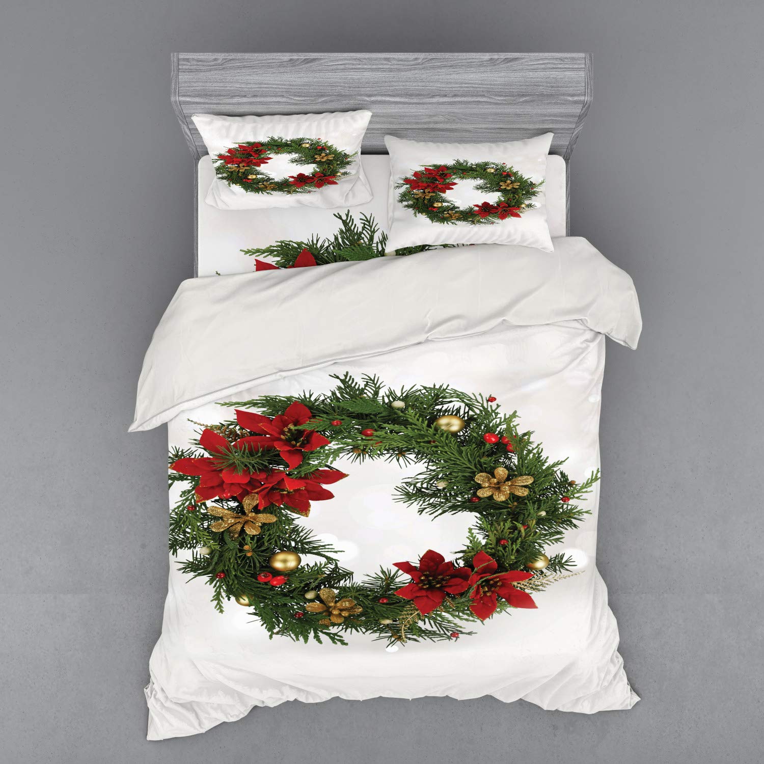 Ambesonne Christmas Bedding Set 4-Piece - Floral Wreath Design with Poinsettia, Holly & Pine Branches - California King Duvet Cover Set with Shams & Fitted Sheet - Holiday Home Decor for Festive Bedroom Makeover
