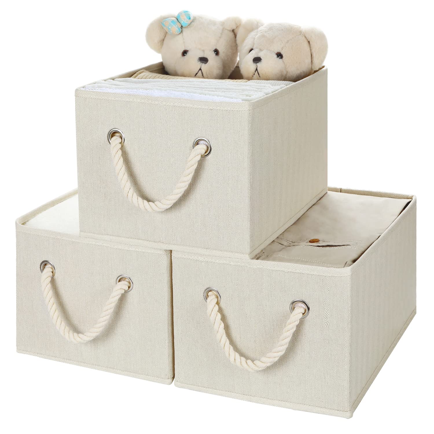 TOPIA HOME 3-Pack Foldable Storage Baskets with Rope Handles - Closet Organizers & Shelf Storage Bins, Collapsible Fabric Cube Organization Boxes for Bedroom, Bathroom & Office (Large, Beige, TP02Y)