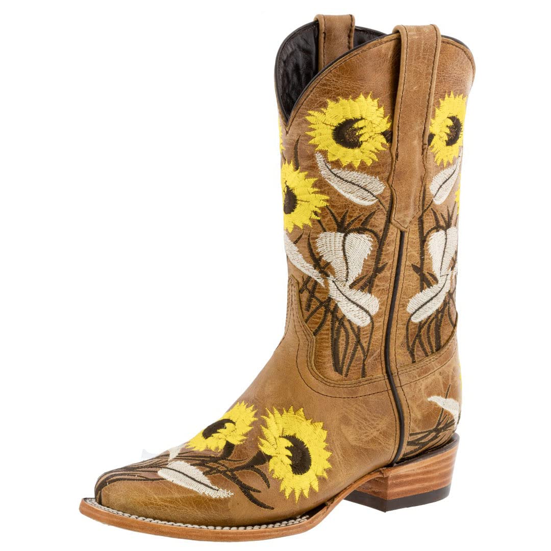 Texas Legacy Women's Honey Brown Western Boots - Sunflower Embroidered Leather Square Toe Cowgirl Boots for Country Dancing, Rodeo & Western Fashion