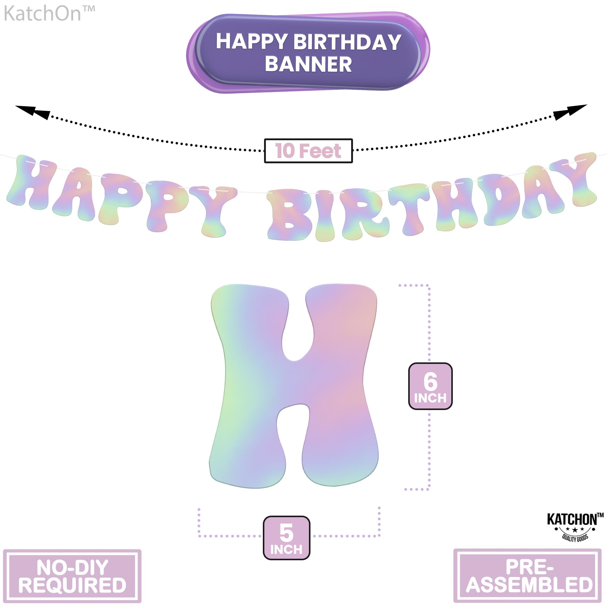 KatchOn 10ft Iridescent Happy Birthday Banner - Prestrung Disco Party Sign, Holographic Birthday Decor for Women | Perfect for Disco Themed Parties, Birthday Celebrations & Home Decorations