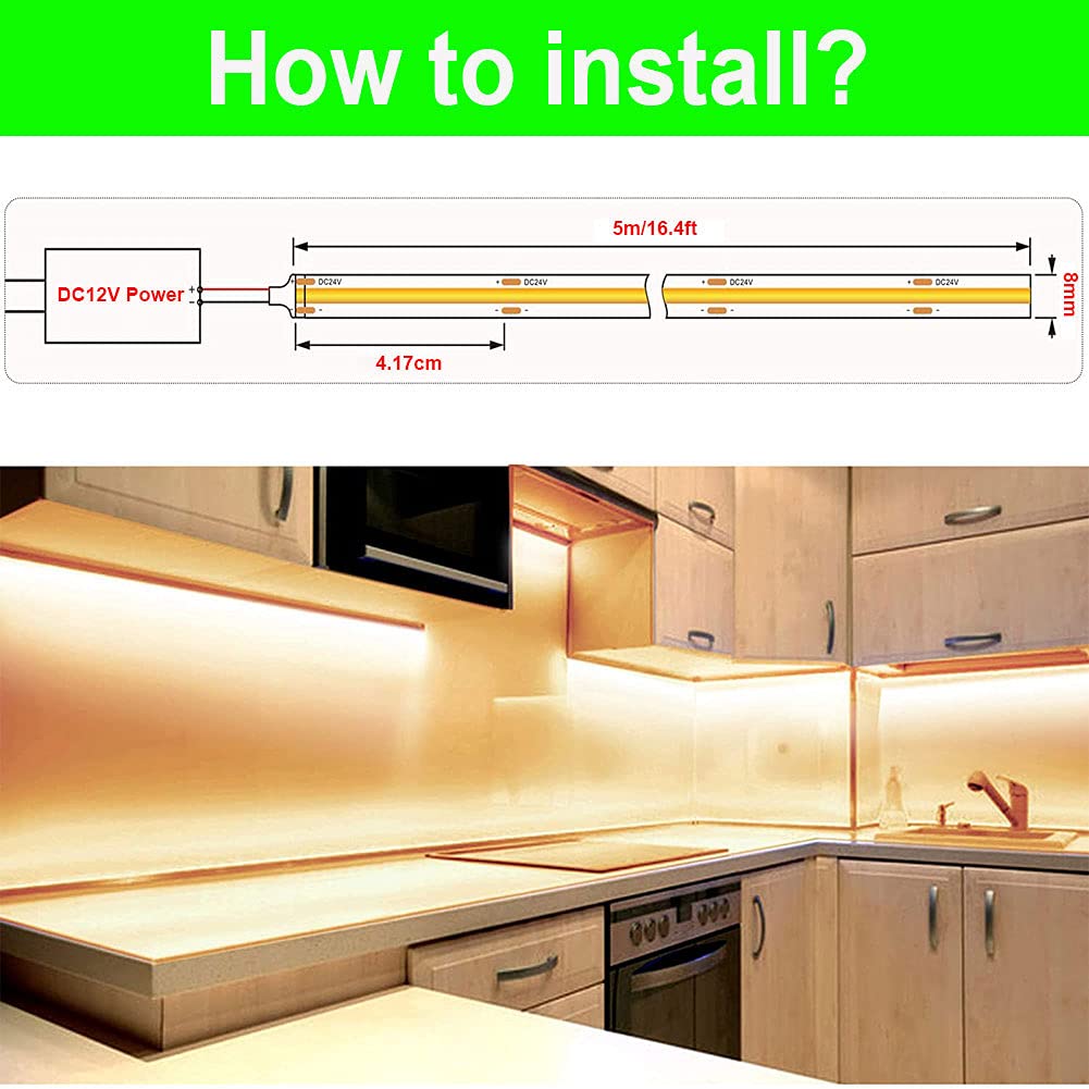 16.4ft/5m COB LED Strip Lights 6500K Daylight White - 1920 LEDs, 38400LM Super Bright, Dimmable, Non-Waterproof - Perfect for Home Decoration, Kitchen Lighting, and Commercial Spaces