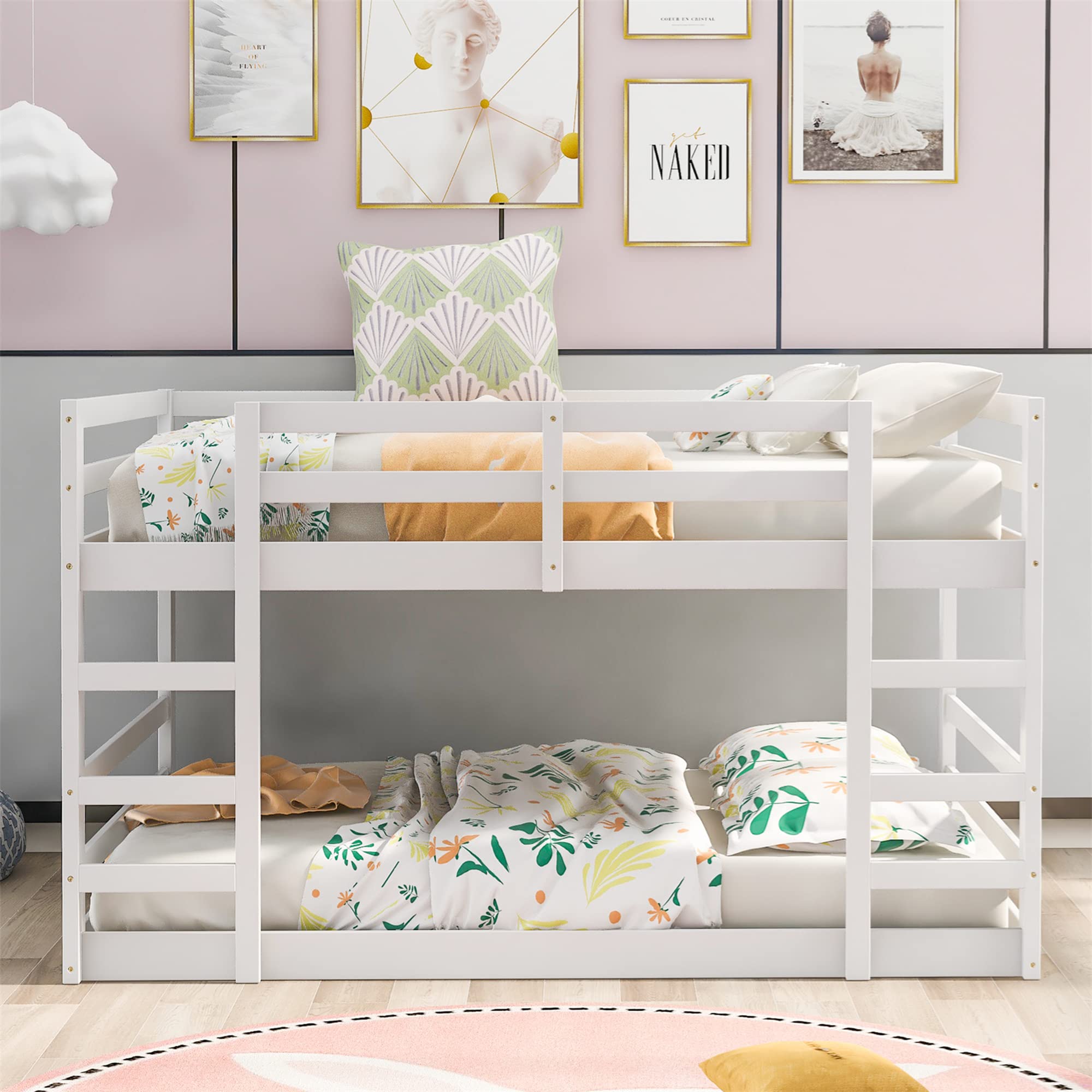 **CITYLIGHT Low Bunk Beds Full Over Full - Sturdy Wooden Bunk Bed for Kids & Teens, Twin Bunk Beds with 2 Ladders for Boys & Girls Bedroom, Dorm or Guest Room (White, Full Size) - Perfect for Space-Saving Kids' Rooms, Shared Bedrooms & Small Apartments**