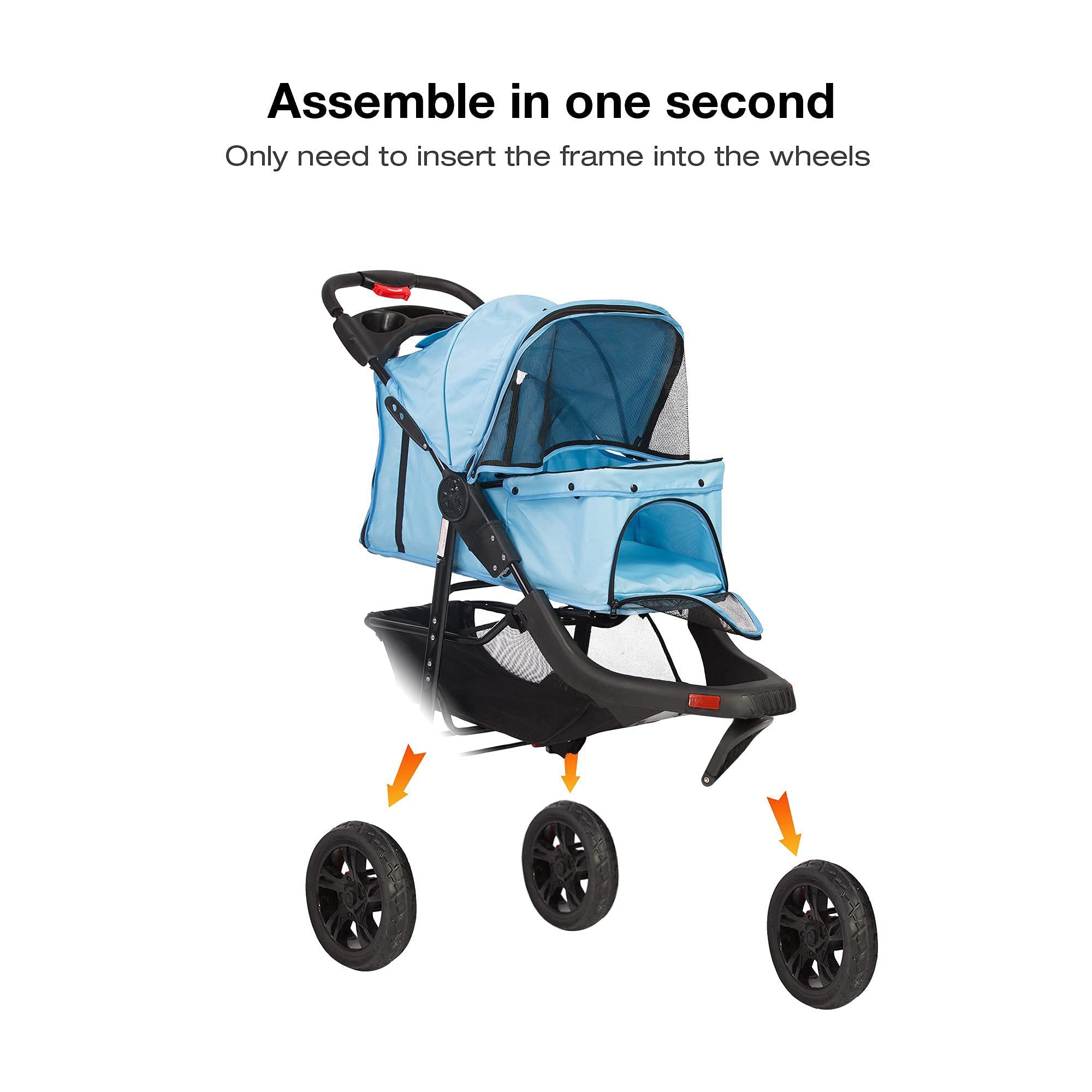 LUCKYERMORE Large Wheel Pet Stroller with Storage Basket - Foldable, Breathable Mesh Design for Dogs & Cats - Perfect for Jogging, Shopping & Outdoor Adventures (Blue)