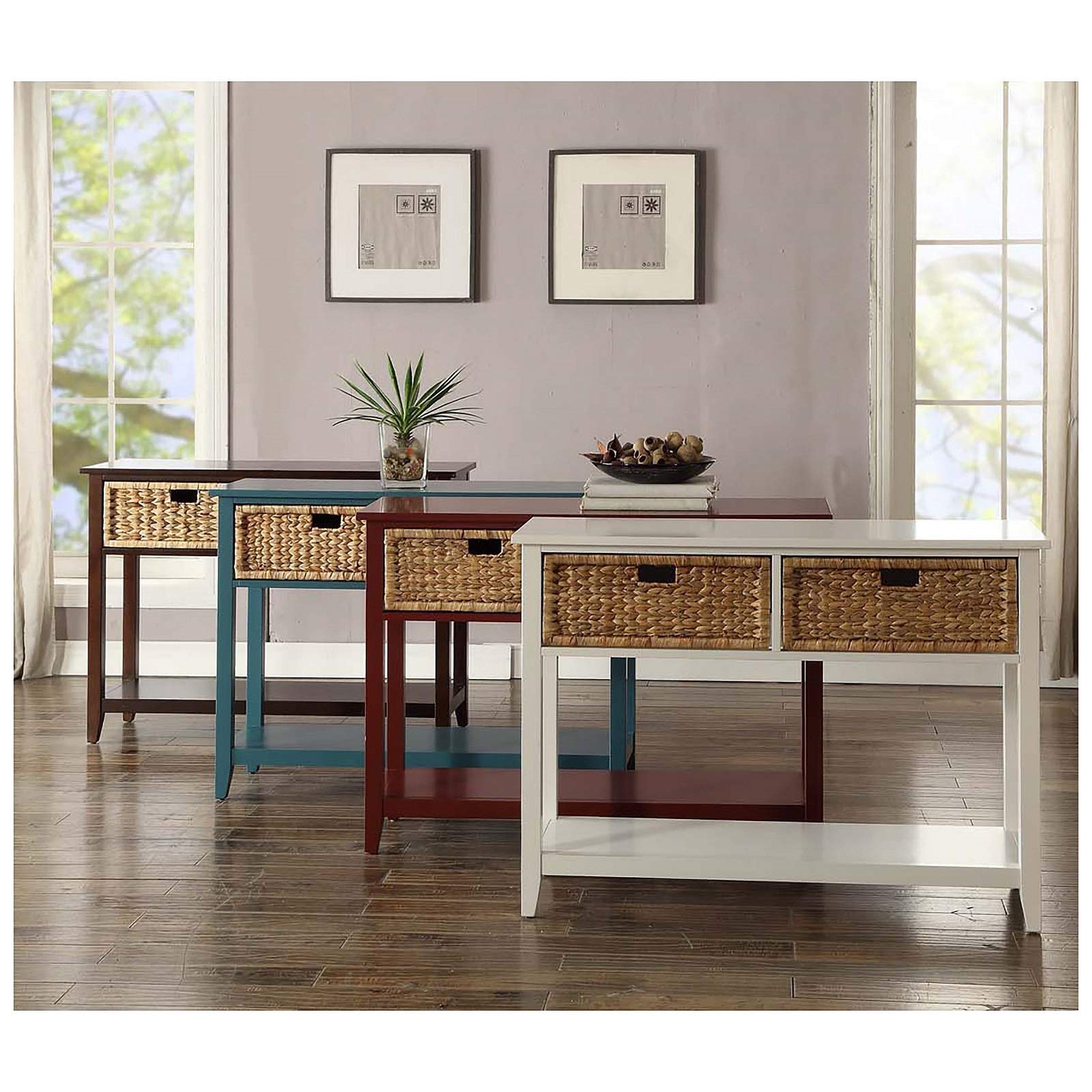 Modern White Console Table with 2 Woven Basket Drawers - Entryway, Living Room & Hallway Furniture for Home Decor