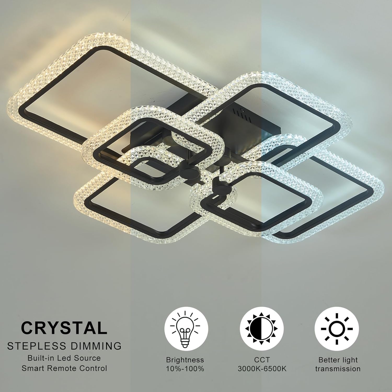 Modern LED Ceiling Light Fixture - Crystal Dimmable Flush Mount with Remote Control, 6 Square Frame Design for Living Room, Dining Room & Kitchen | Perfect for Home Decor, Ambient Lighting & Energy Saving