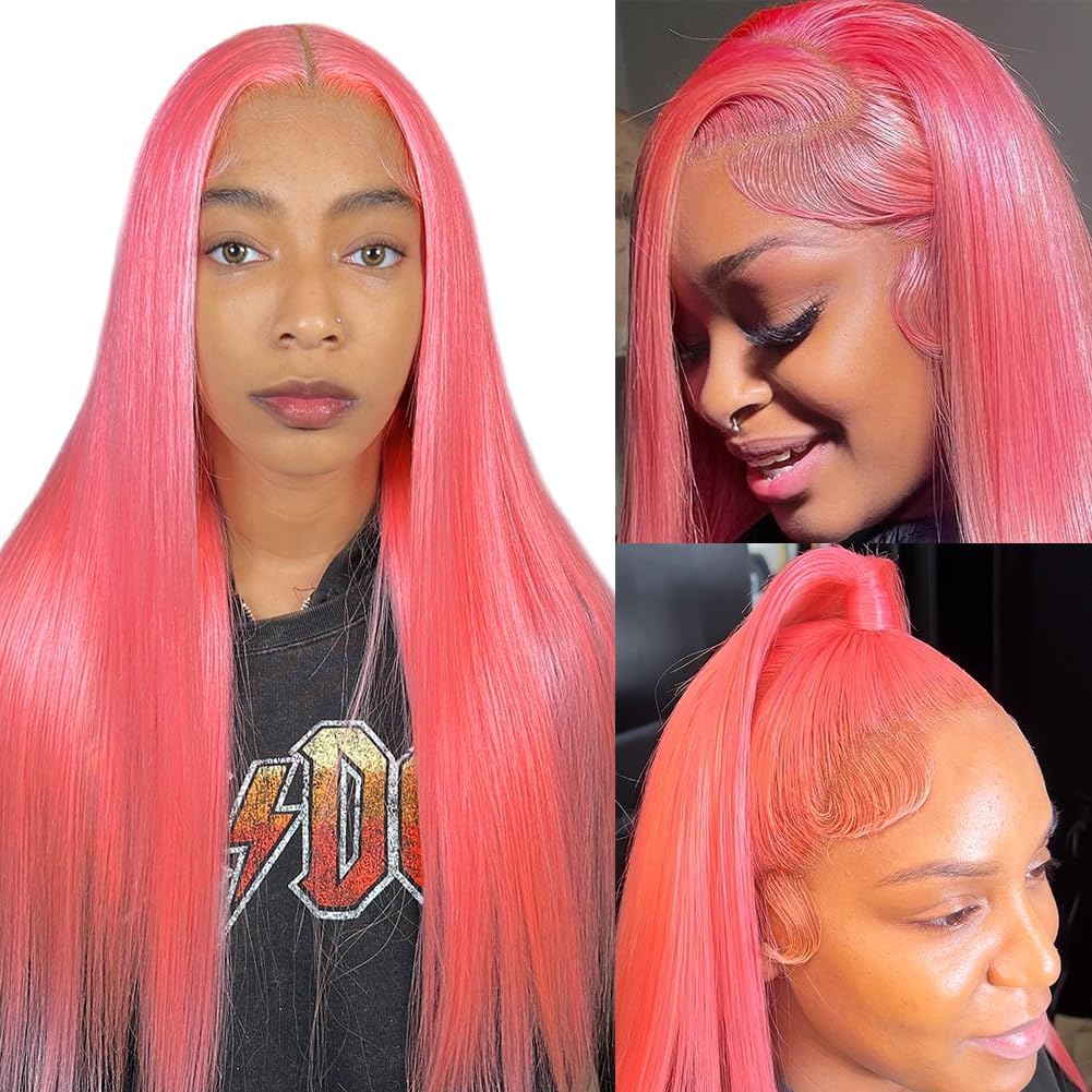 LZGYE 13x4 HD Lace Front Wig - 150% Density 22 Inch Pink Straight Human Hair Wig with Baby Hair & Transparent Lace | Colored Closure for Women | Perfect for Cosplay, Parties & Daily Styling