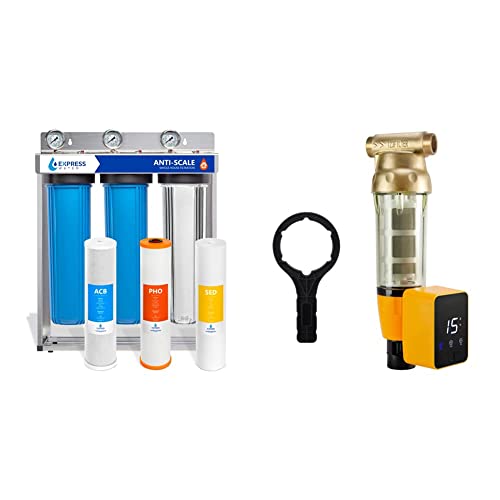 Express Water Whole House Water Filter System with Auto Flush - 50 Micron Spin Down Sediment Filter, Reusable Touch Screen Control & Built-in Scraper | Perfect for Well Water, Municipal Supply & Home Plumbing Protection