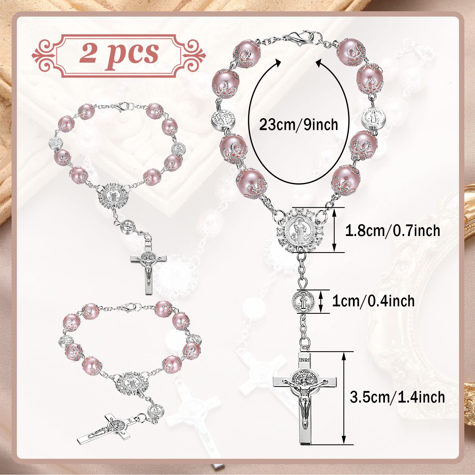 Saint Benedict Car Rosary - 2 Pack Catholic Auto Rosary Cross for Rearview Mirror, Truck, Bike & Motorcycle - Personalized Blessing Medal & Hanging Decor Accessories (Pink) - Perfect for Daily Commute, Road Trips & Spiritual Protection