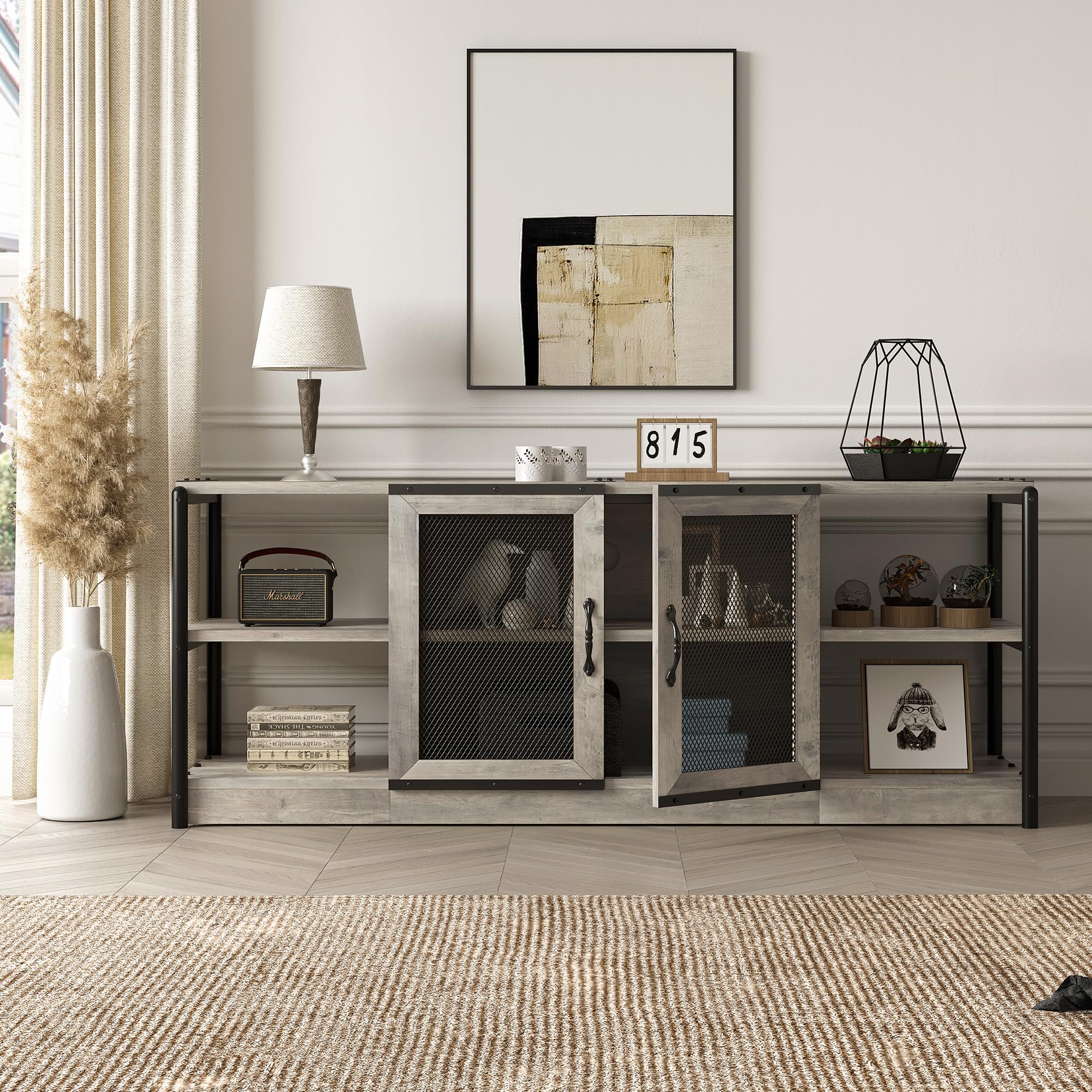 IDEALHOUSE 65 Inch TV Stand with Storage Cabinet - Farmhouse Style Entertainment Center with Mesh Doors, Industrial TV Media Console for Living Room - Rustic Grey Home Theater Furniture for Movie Nights & Family Gatherings