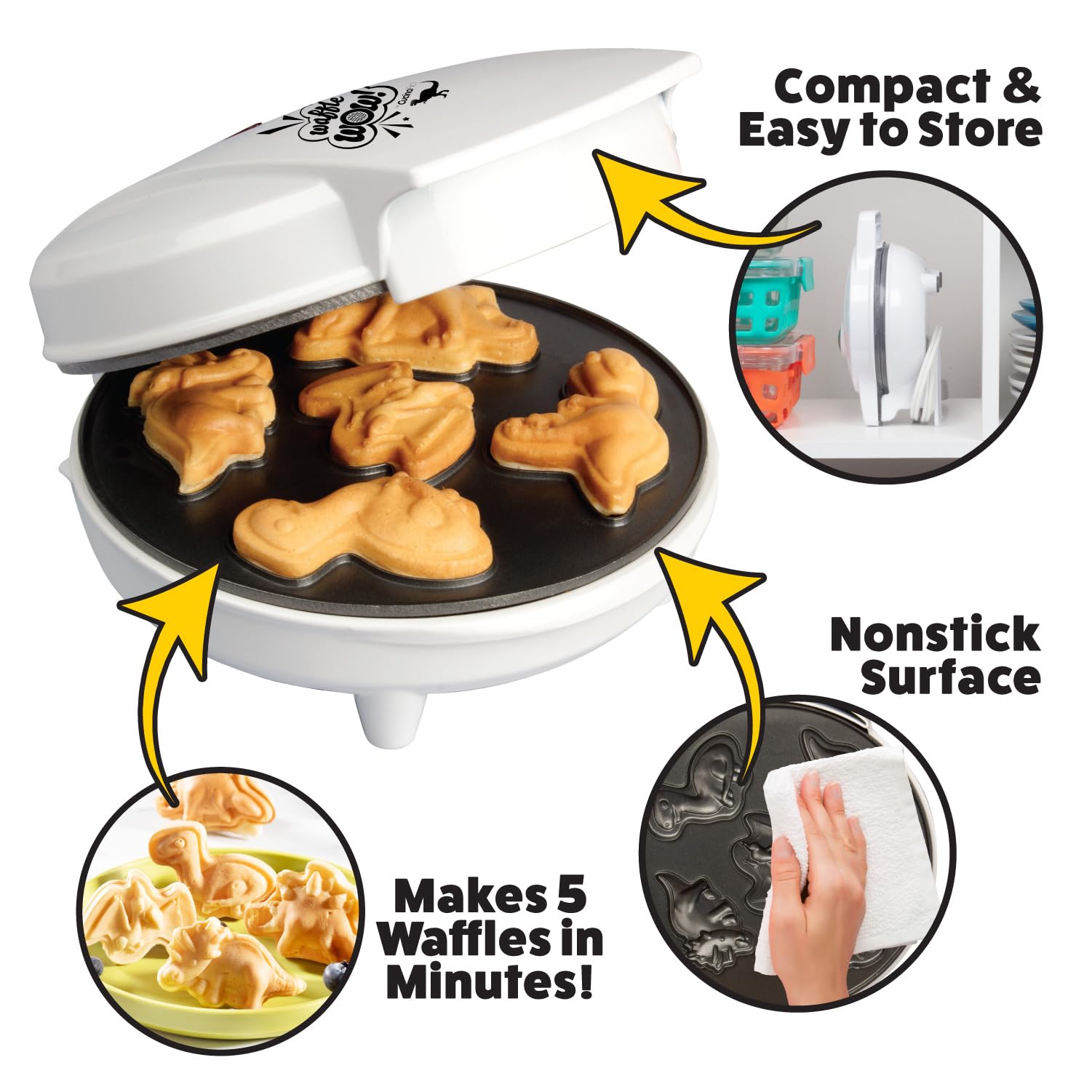 Dinosaur Mini Waffle Maker - 5 Unique 3D Dinosaur Shapes - Fast & Easy Electric Non-Stick Waffle Iron for Kids & Adults - Perfect for Easter Breakfast, Birthday Parties & Fun Family Desserts - Includes Recipe Book & Gift Box