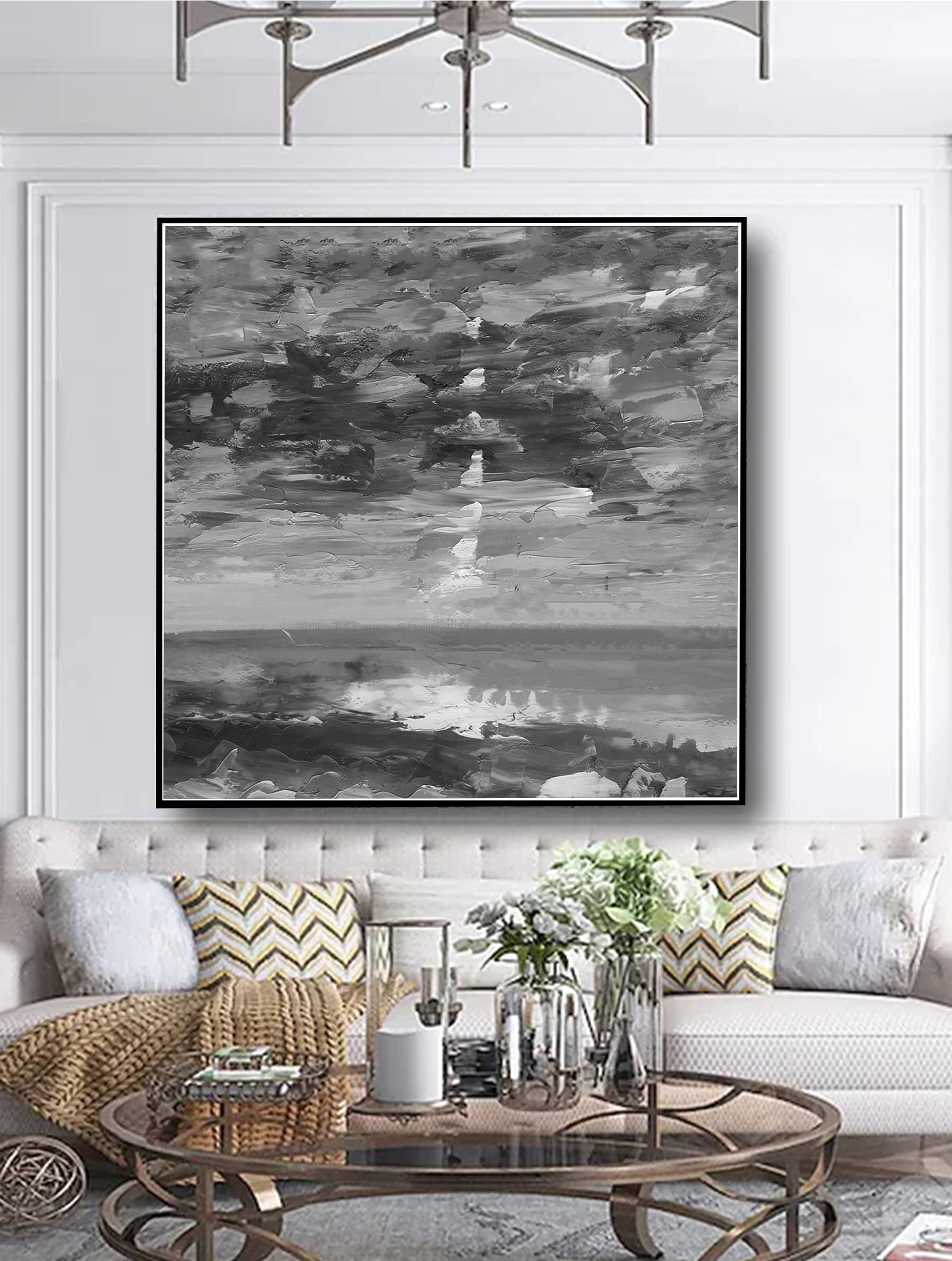 Handmade Black and White Abstract Ocean Oil Painting on Canvas - Modern Large Wall Art for Home & Office Decor - 40x40 Inches - Perfect for Living Room, Bedroom, or Workspace