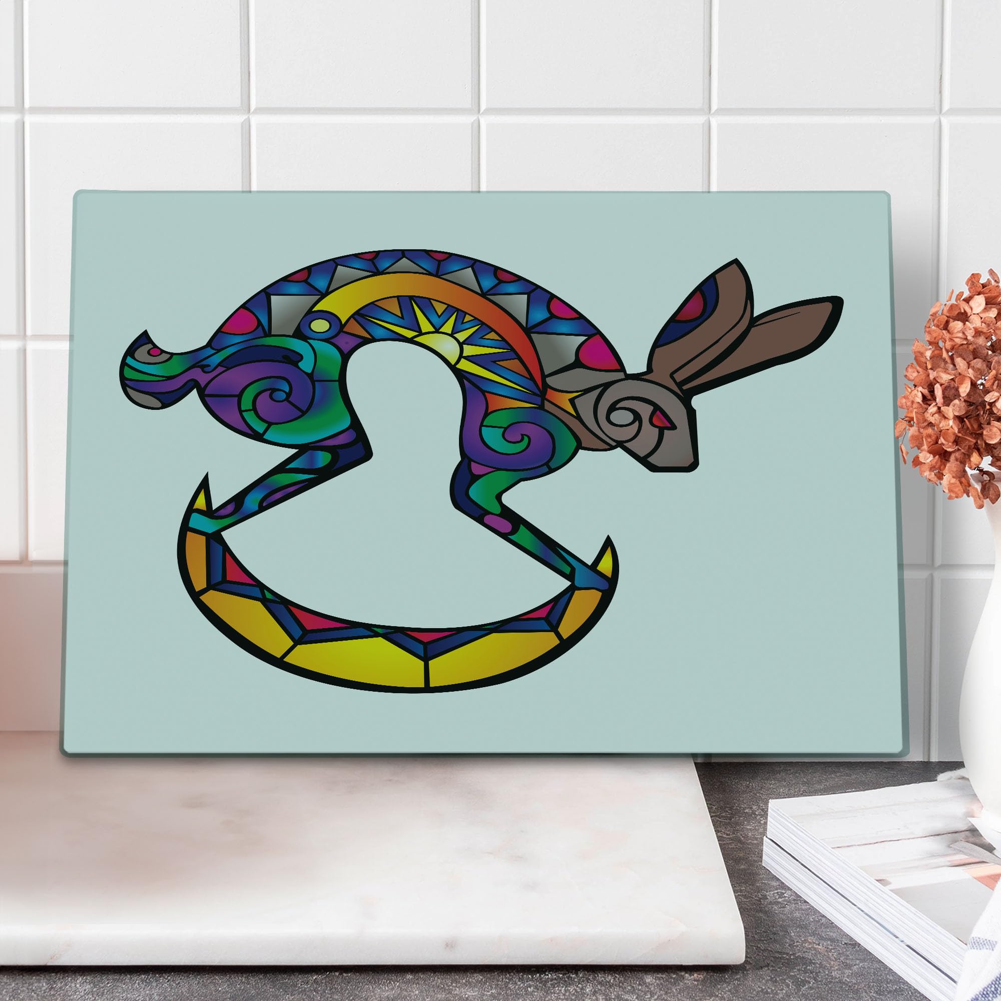 Ambesonne Southwestern Decorative Tempered Glass Cutting Board - Medieval Fractal Glass Look with Colorful Bunny Silhouette Print - Large Multicolor Serving Board for Kitchen, Dining & Home Decor