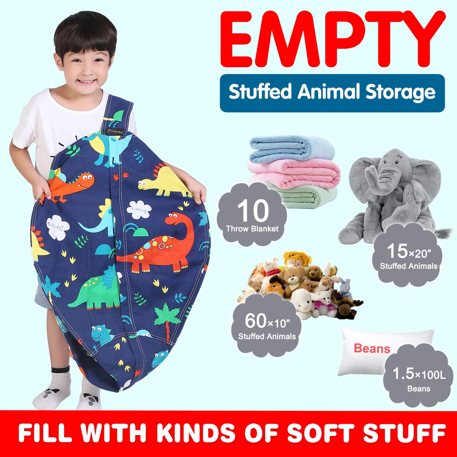 Dinosaur Stuffed Animal Storage Bean Bag Chair Cover for Kids - Large Plush Toy Organizer with Zipper for Toddler & Kids' Rooms - Perfect for Playrooms, Bedrooms & Daycare Centers