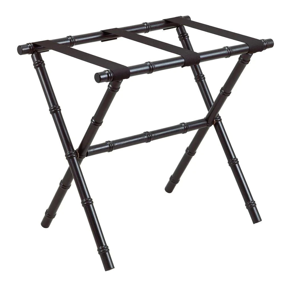 Black Bamboo Inspired Wood Luggage Rack with 3 Durable Nylon Straps - Stylish Hotel & Bedroom Suitcase Stand for Travel Storage