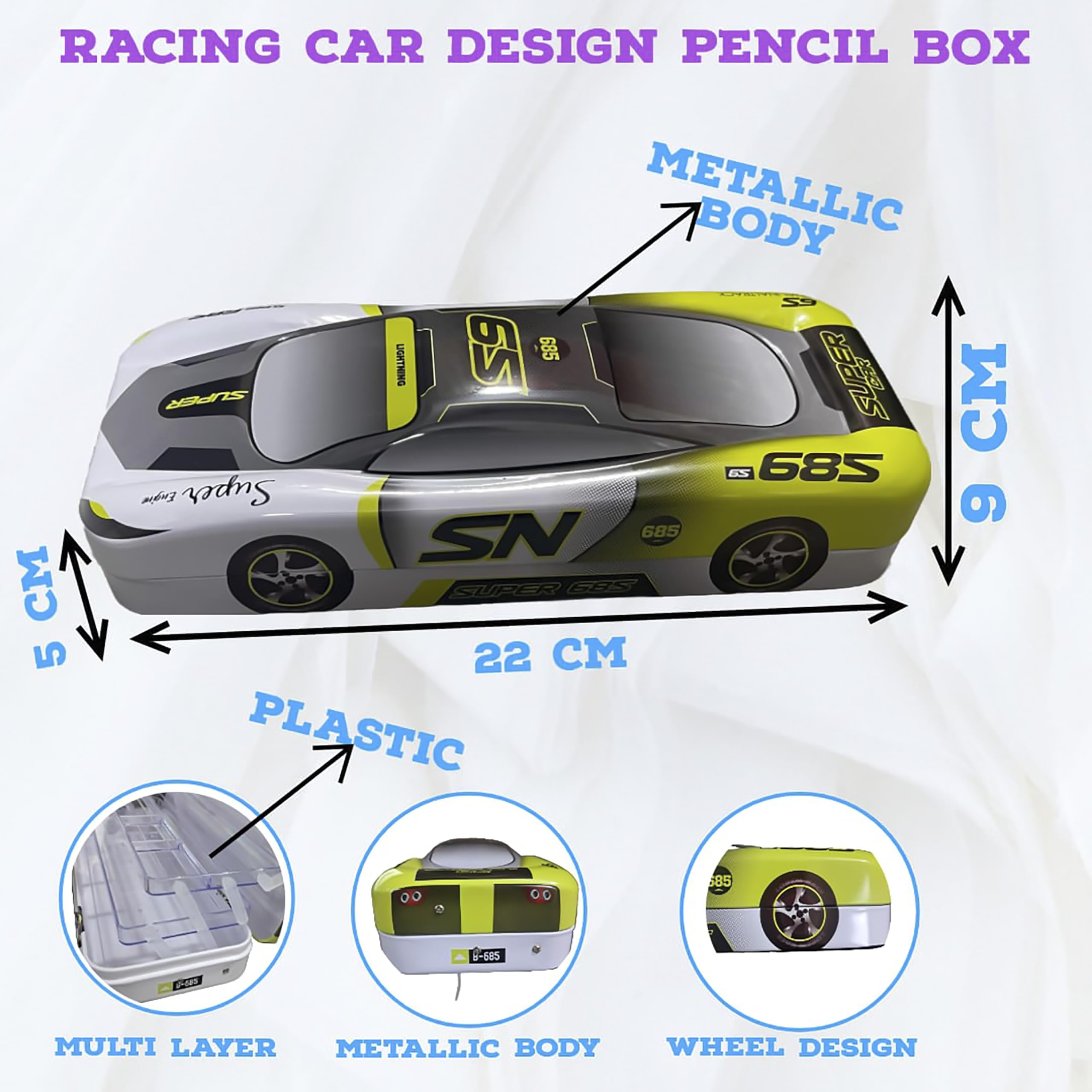 2 in 1 Metal Pen Pencil Box with Stationery Organizer - Car Design School Supplies for Boys & Girls (Grey, Yellow+White) | Multiple Compartment Storage for Kids' Backpacks, Desks & Birthday Gifts