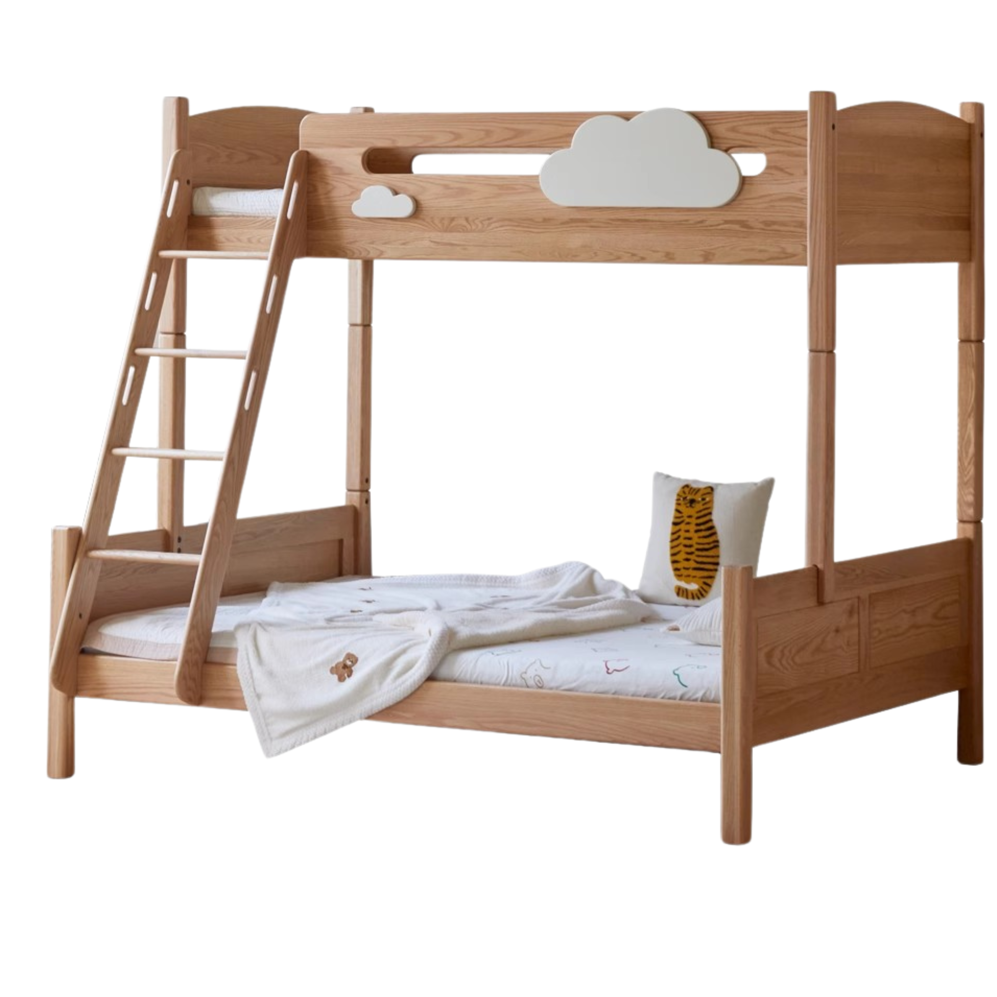 Solid Oak Wood Multi-Functional Bunk Bed with Ladder & Guardrails - Space-Saving Kids Bedroom Furniture for Siblings or Sleepovers