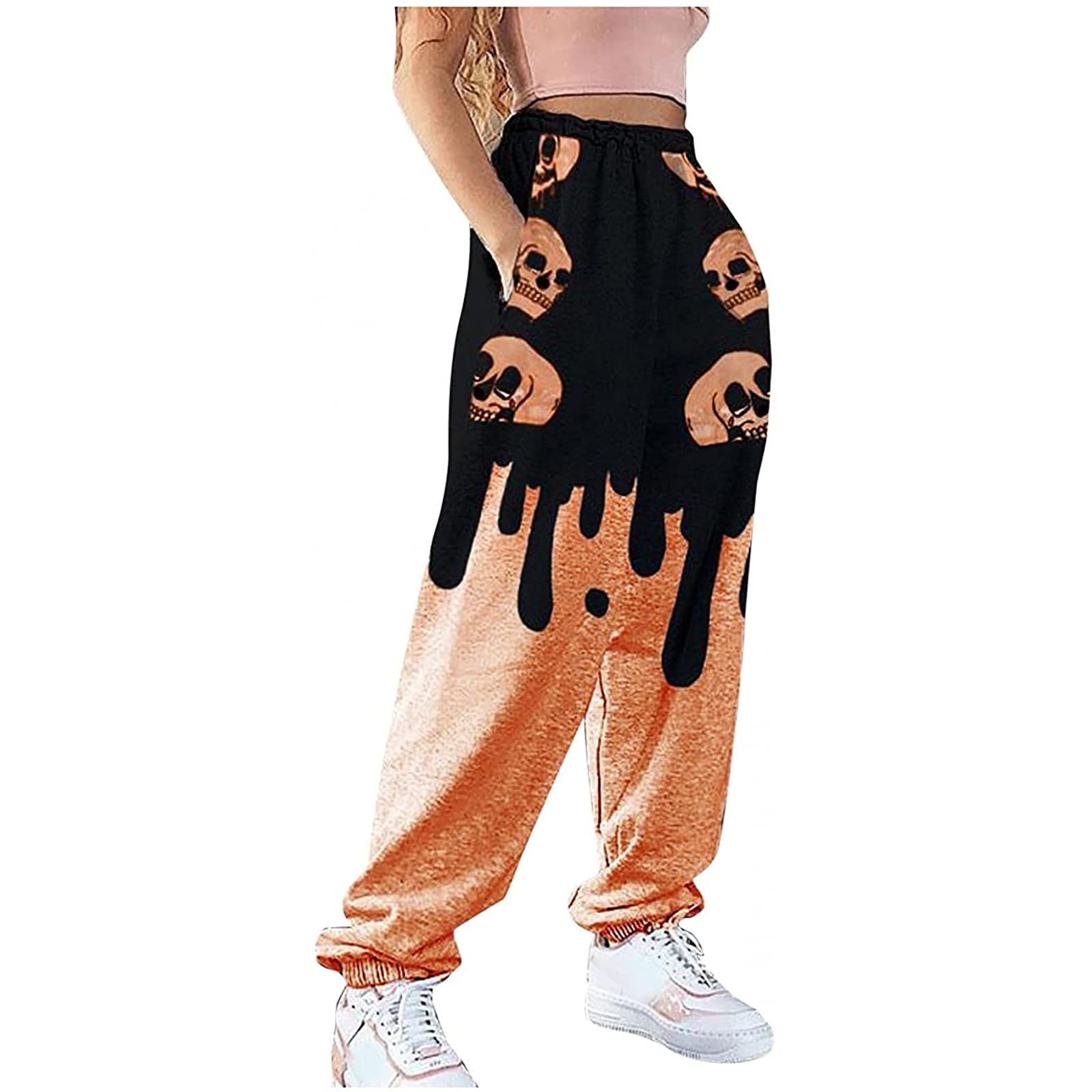 Y2K Skull Print Sweatpants for Women - High Waist Drawstring Joggers, Baggy Streetwear Pants with Gothic Halloween & Dark Academic Style | Perfect for Casual Wear, Halloween Costumes, and Trendy Outfits