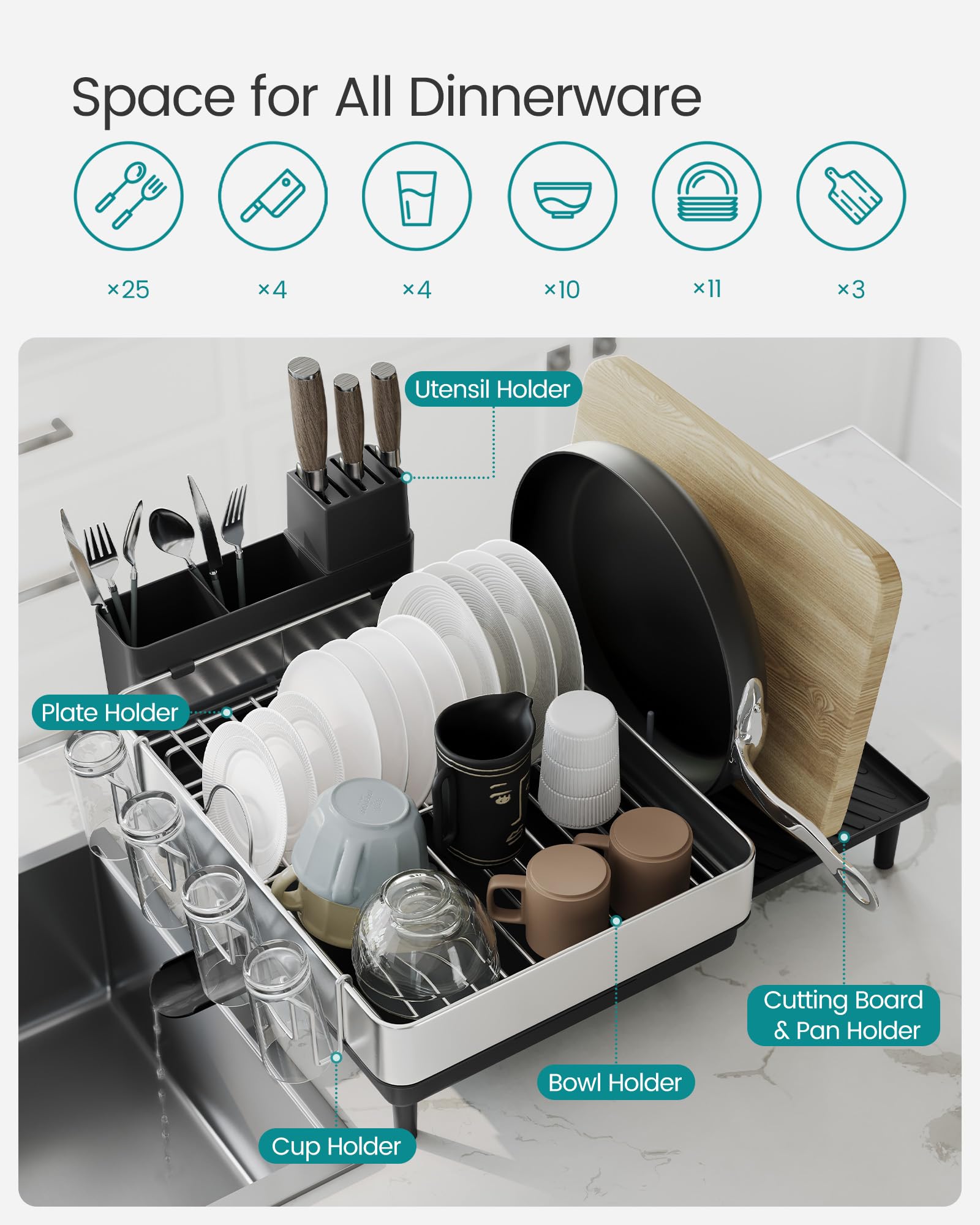 SONGMICS Expandable Stainless Steel Dish Drying Rack for Kitchen Counter - Rotatable Spout, Utensil & Cup Holders - Silver & Black (UKCS037B01) | Space-Saving Dish Organizer for Small Kitchens, Perfect for Drying Plates, Glasses, Cutting Boards & Pans