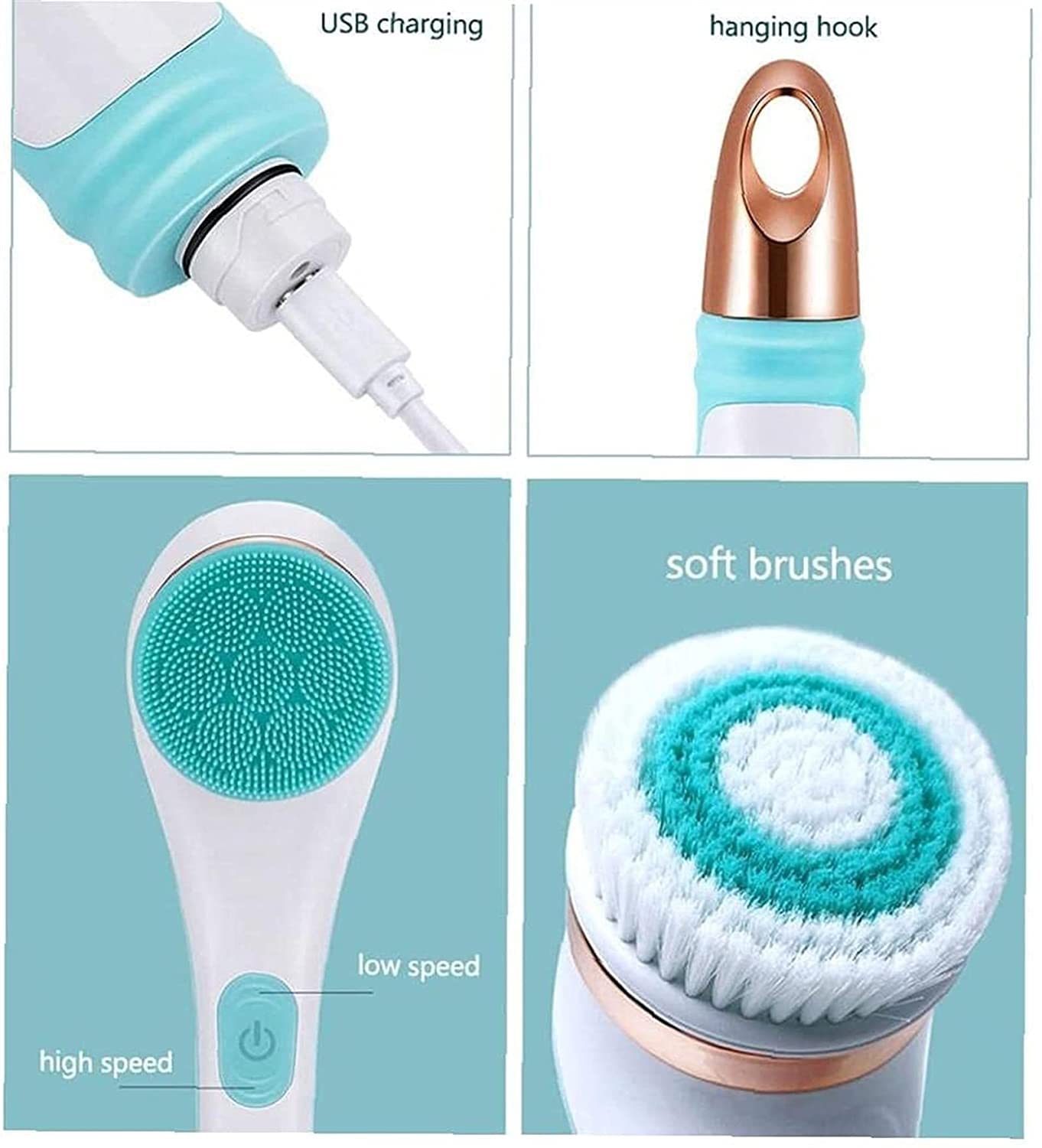 Electric Rechargeable Shower Brush with Long Handle - Waterproof Body Scrubber for Exfoliation & Cleansing | Back Scrub Brush for Men & Women | Perfect for Spa, Bath & Shower (Blue)