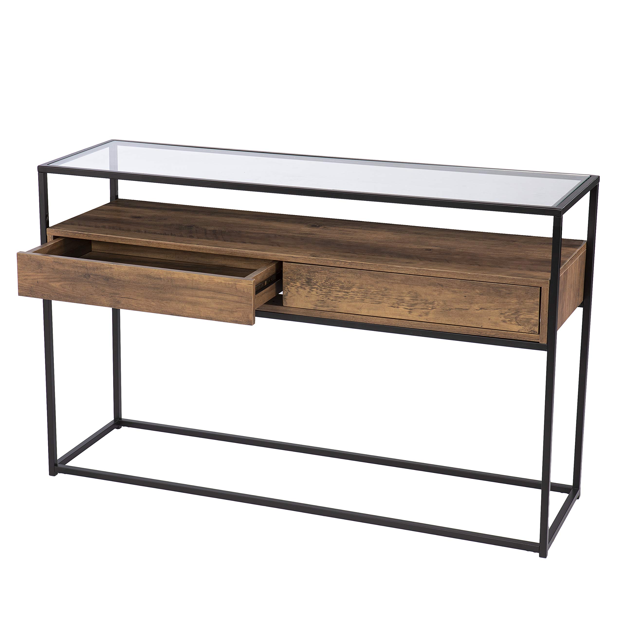 SEI Furniture Olivern Glass-Top Console Table with Storage - Modern Industrial Farmhouse Style Entryway Table for Living Room, Hallway & Foyer - Brown Wooden Sofa Table with Open Shelf Design