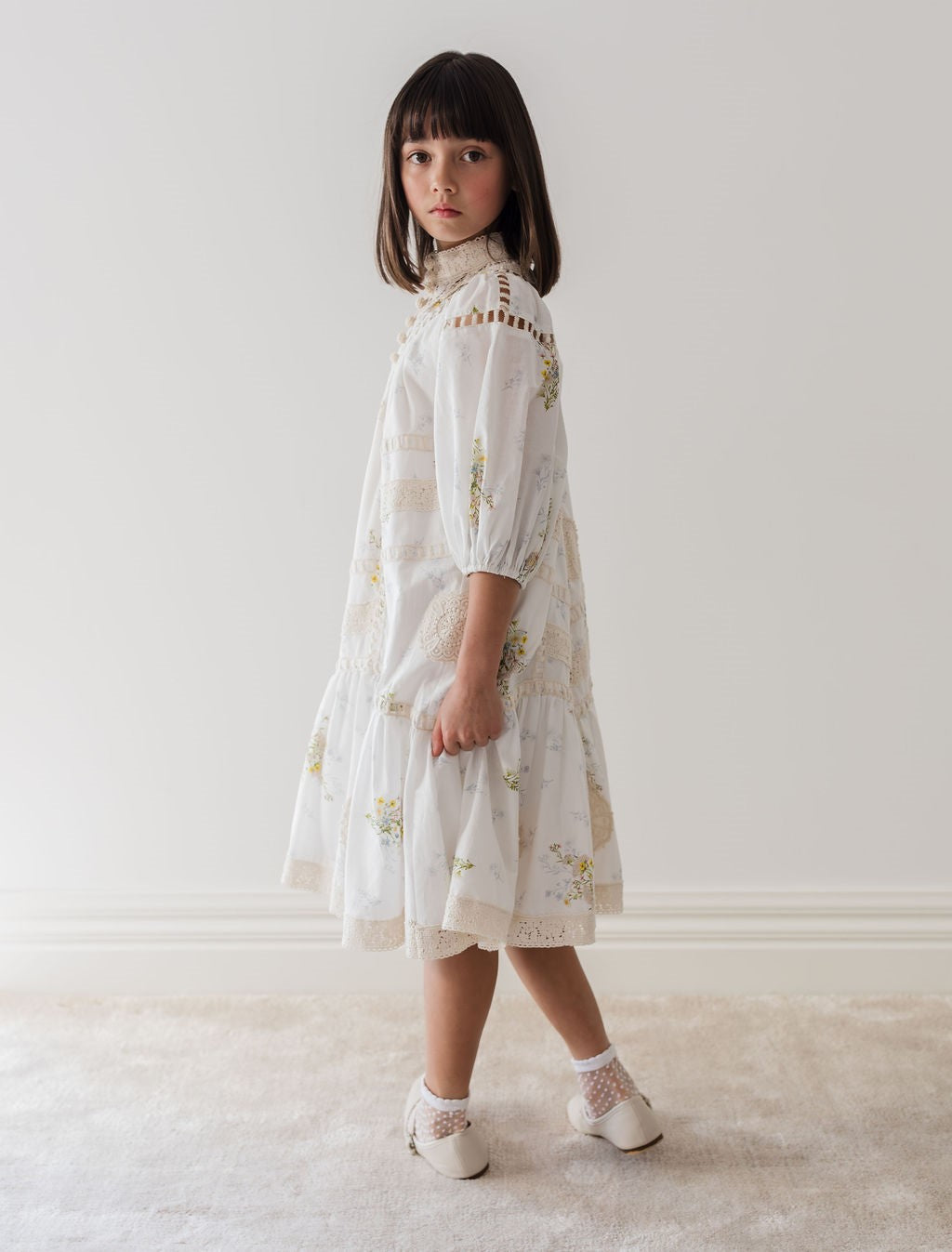 Petite Amalie Doily Applique Voile Spring Meadow Print Dress - Floral Summer Dress for Women, Boho Chic Style, Perfect for Garden Parties & Outdoor Events