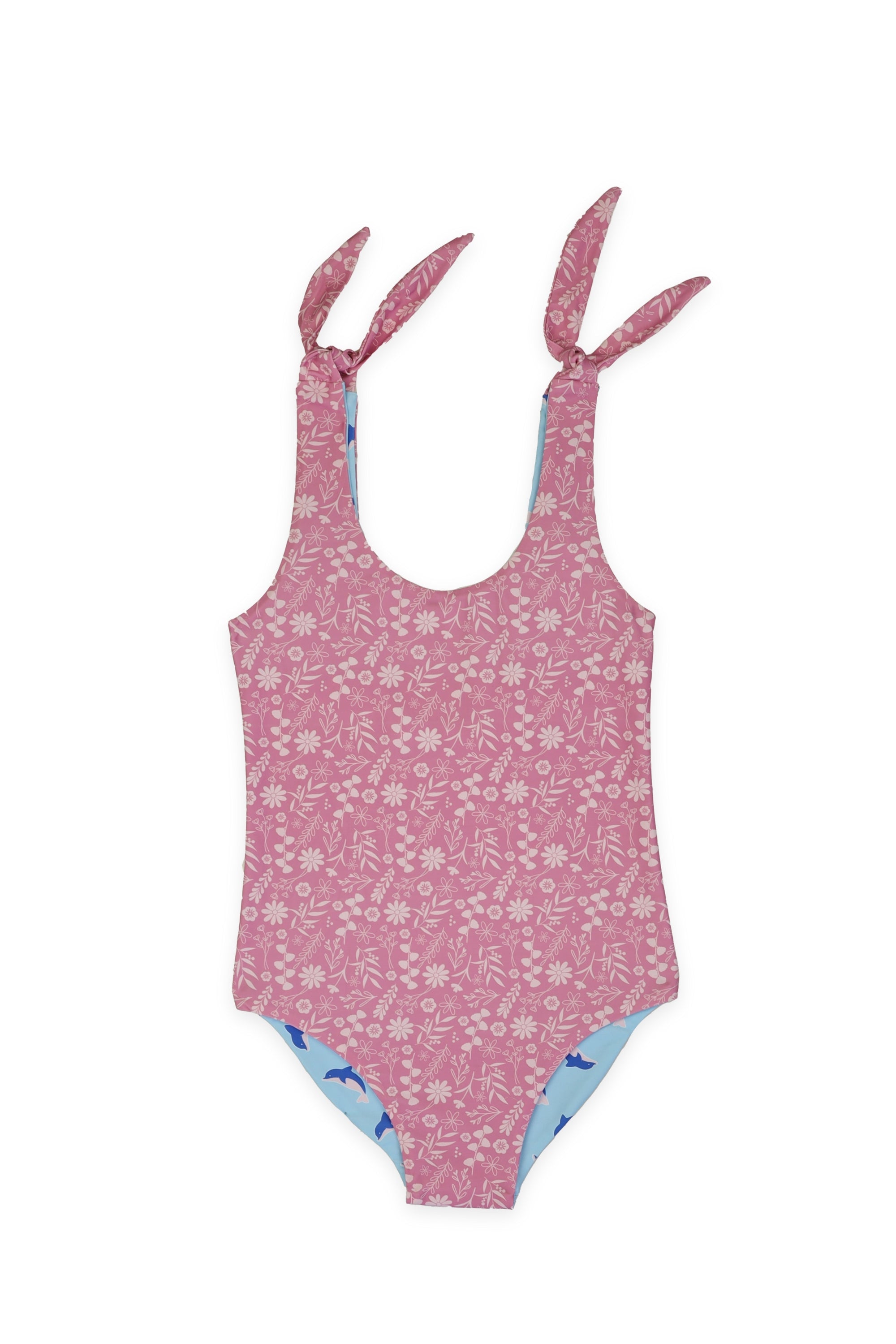 Canary Girls Reversible One Piece Swimsuit - Floral & Dolphin Print for Beach, Pool, and Summer Vacations