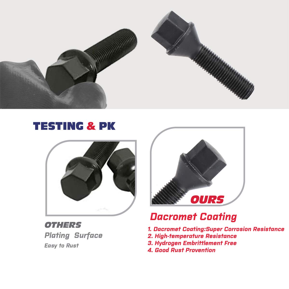 12x1.5mm Tuner Lug Bolts - KSP Conical Seat 45mm Shank for Aftermarket Wheels (5PCS Black) - Secure Wheel Fitment