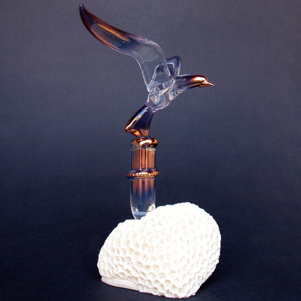 Hand Blown Glass Seagull Figurine on Coral Base - Elegant Home Decor for Beach House, Coastal Living Room & Nautical Theme Gifts
