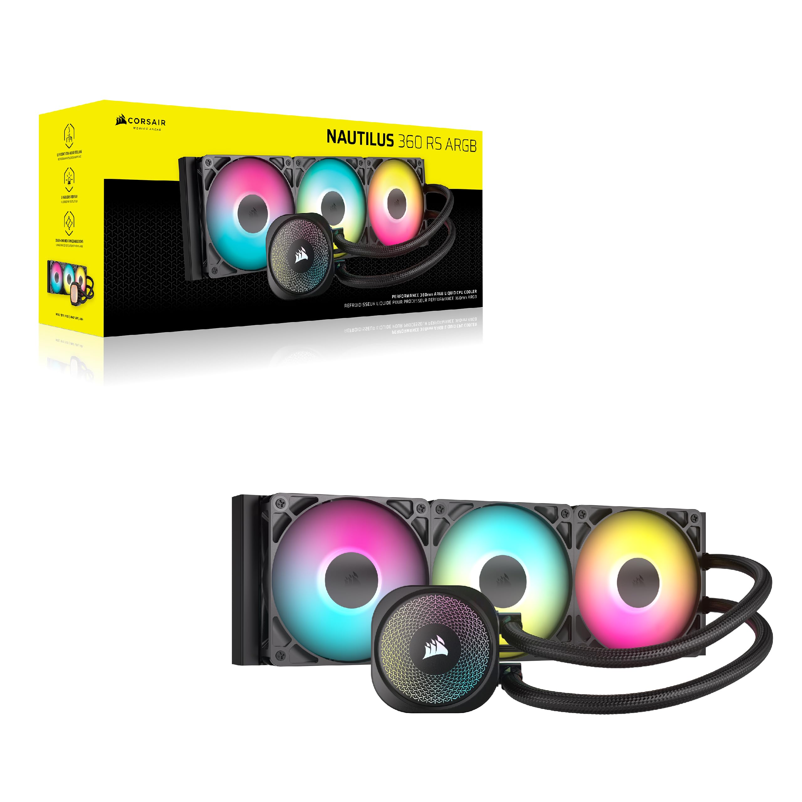CORSAIR Nautilus 360 RS ARGB Liquid CPU Cooler - 360mm AIO RGB Water Cooling System with 3x RS120 ARGB Fans - Quiet Performance for Intel LGA 1851/1700 & AMD AM5/AM4 - Perfect for Gaming PCs, Workstations, and High-Performance Computing