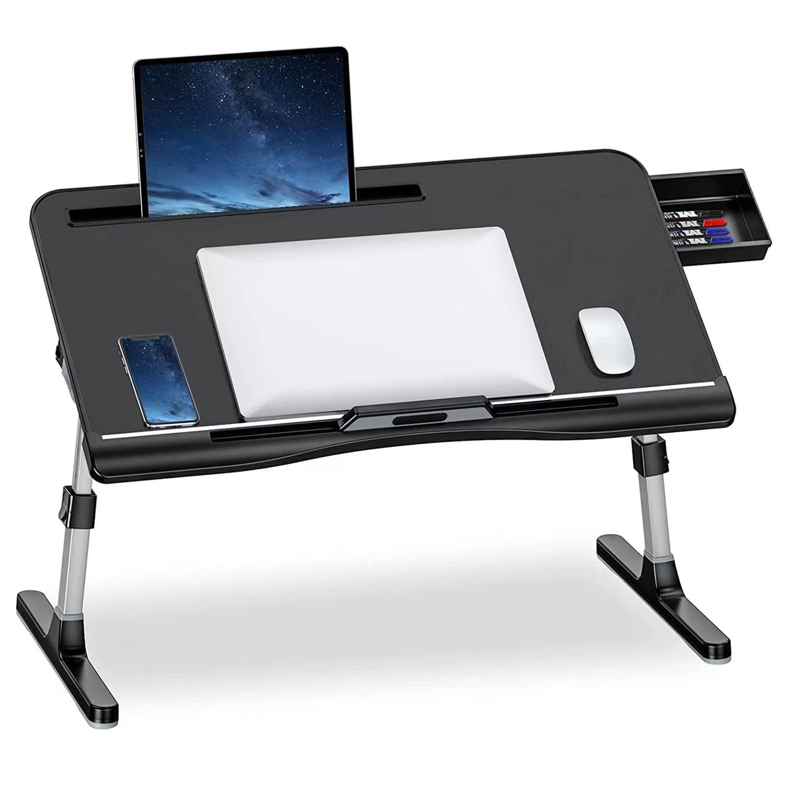 Adjustable Laptop Desk for Bed with Storage Drawer - Foldable Computer Table for Working, Writing & Drawing - Portable Bed Tray for Office, Home & Dorm Use (Large, Black)