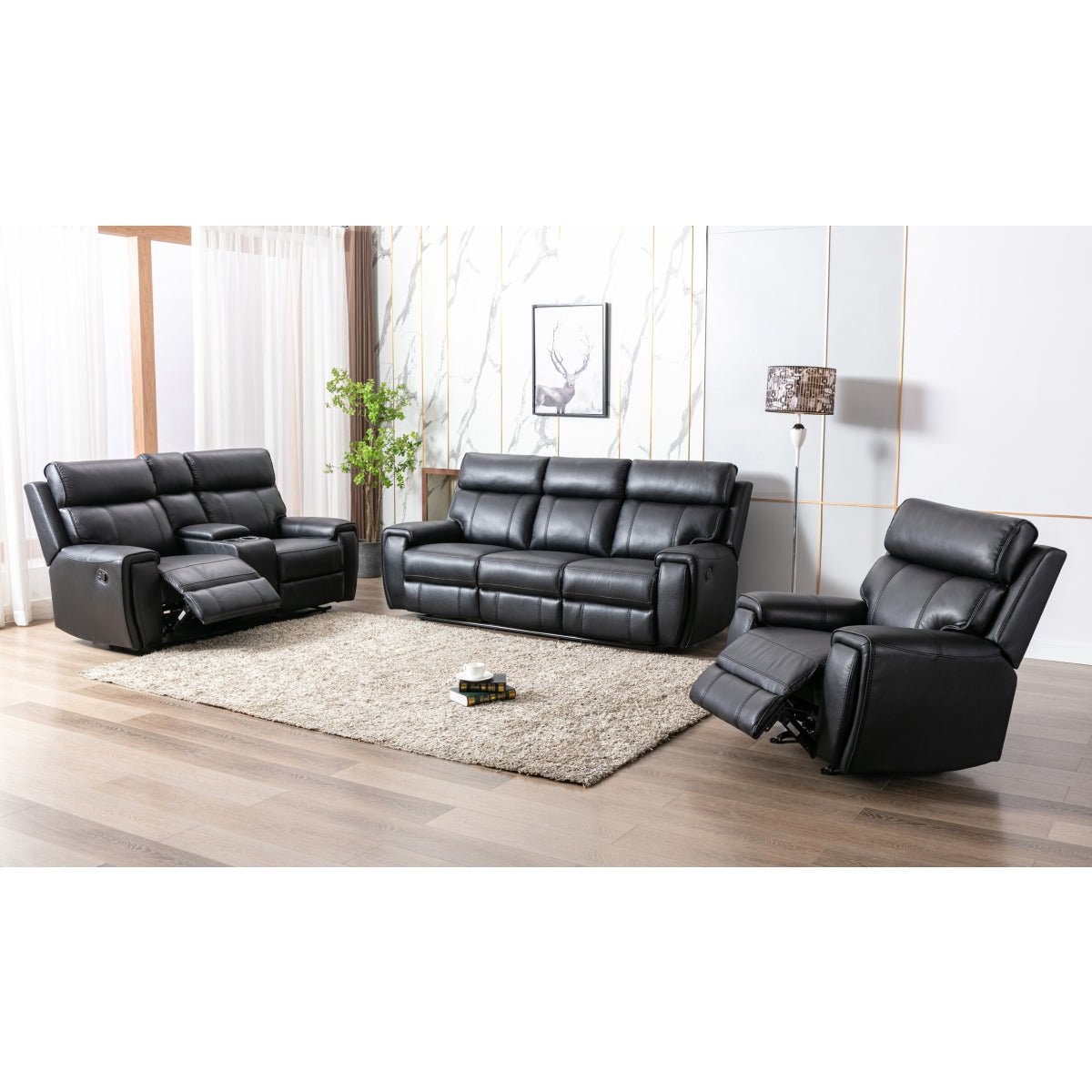 Carnegie Black Reclining Loveseat - Modern PU Leather Recliner Sofa for Living Room, Home Theater & Small Spaces | Comfortable 2-Seater with Cup Holders