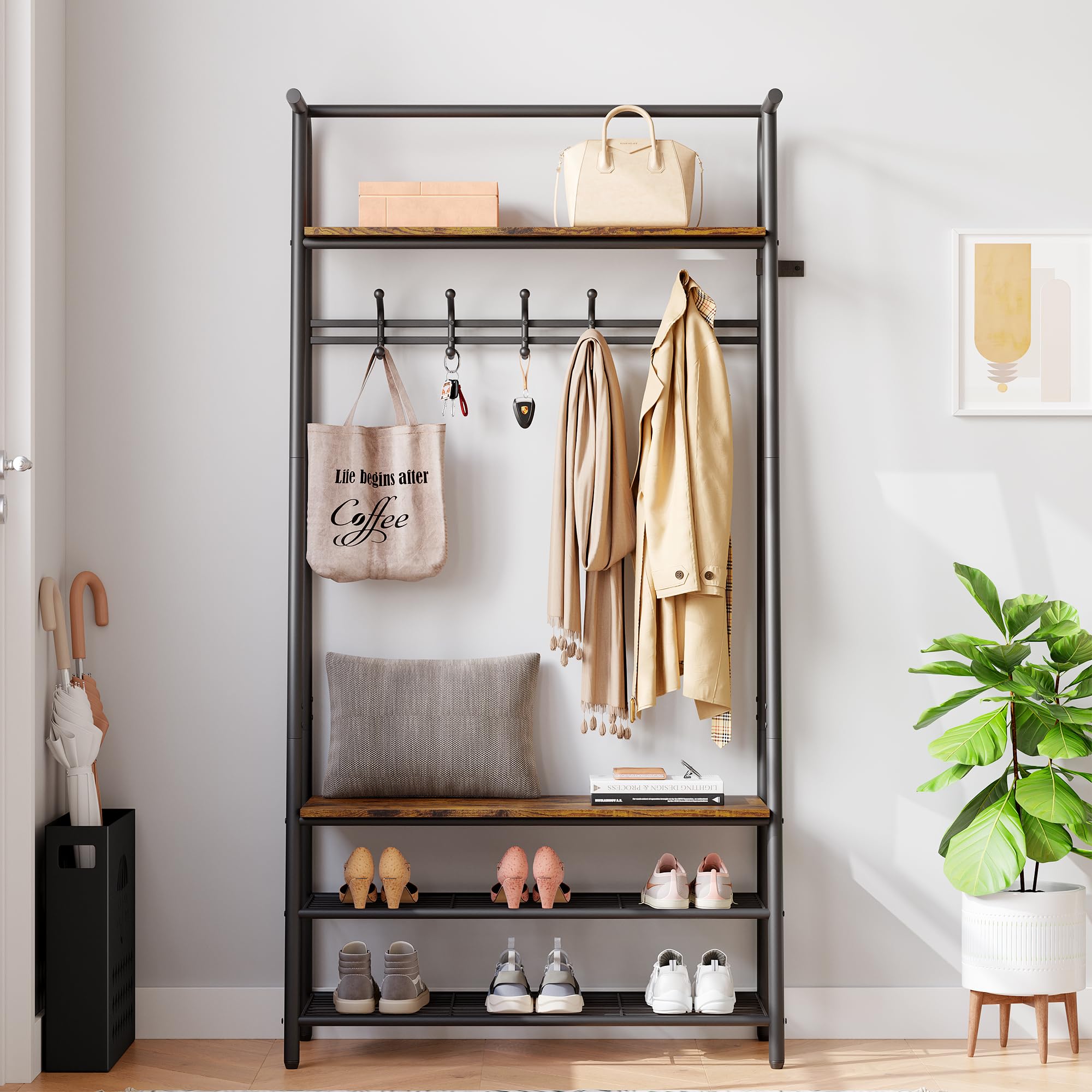 GARVEE 4-in-1 Entryway Organizer - Wood Look Coat Rack with Shoe Bench, Storage Shelf & Hanging Bar - Industrial Style Steel Frame in Rustic Brown & Black - Perfect for Mudroom, Foyer & Home Entryway Organization