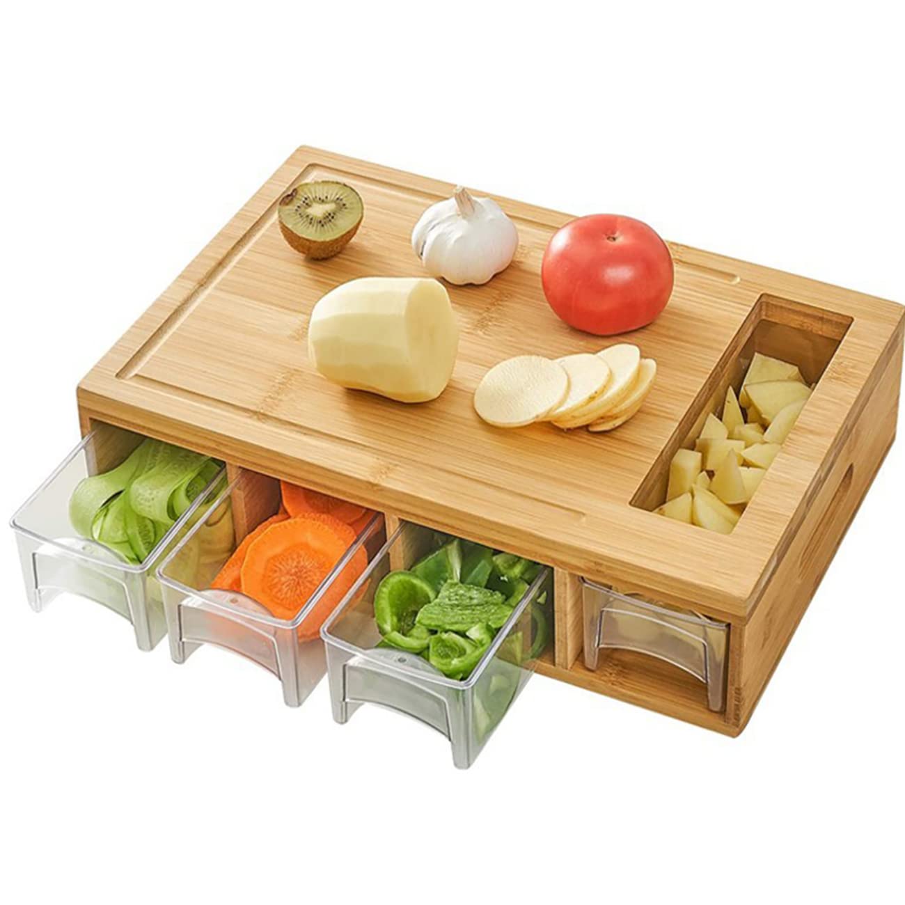 Premium Bamboo Cutting Board with Storage Containers & Lids - 4-in-1 Kitchen Chopping Station with Juice Grooves, 4 Multi-Functional Graters & Food Sliding Opening - Perfect for Meal Prep, Cooking & Entertaining