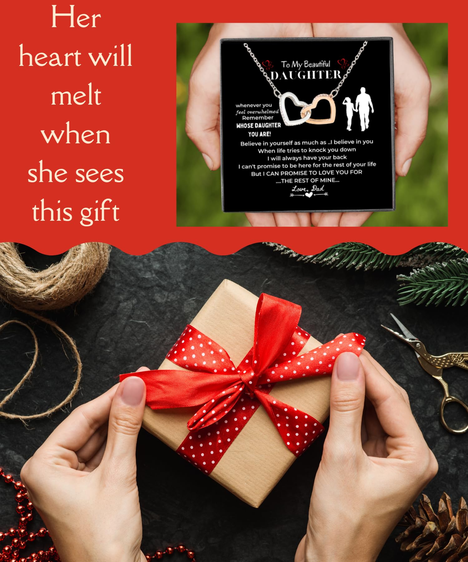 Sterling Silver Interlocking Heart Necklace with Message Card - Thoughtful Daughter Gift from Dad for Christmas, Birthday or Daughter's Day | Perfect for Teen Girls, Graduation, Father-Daughter Bonding & Special Occasions