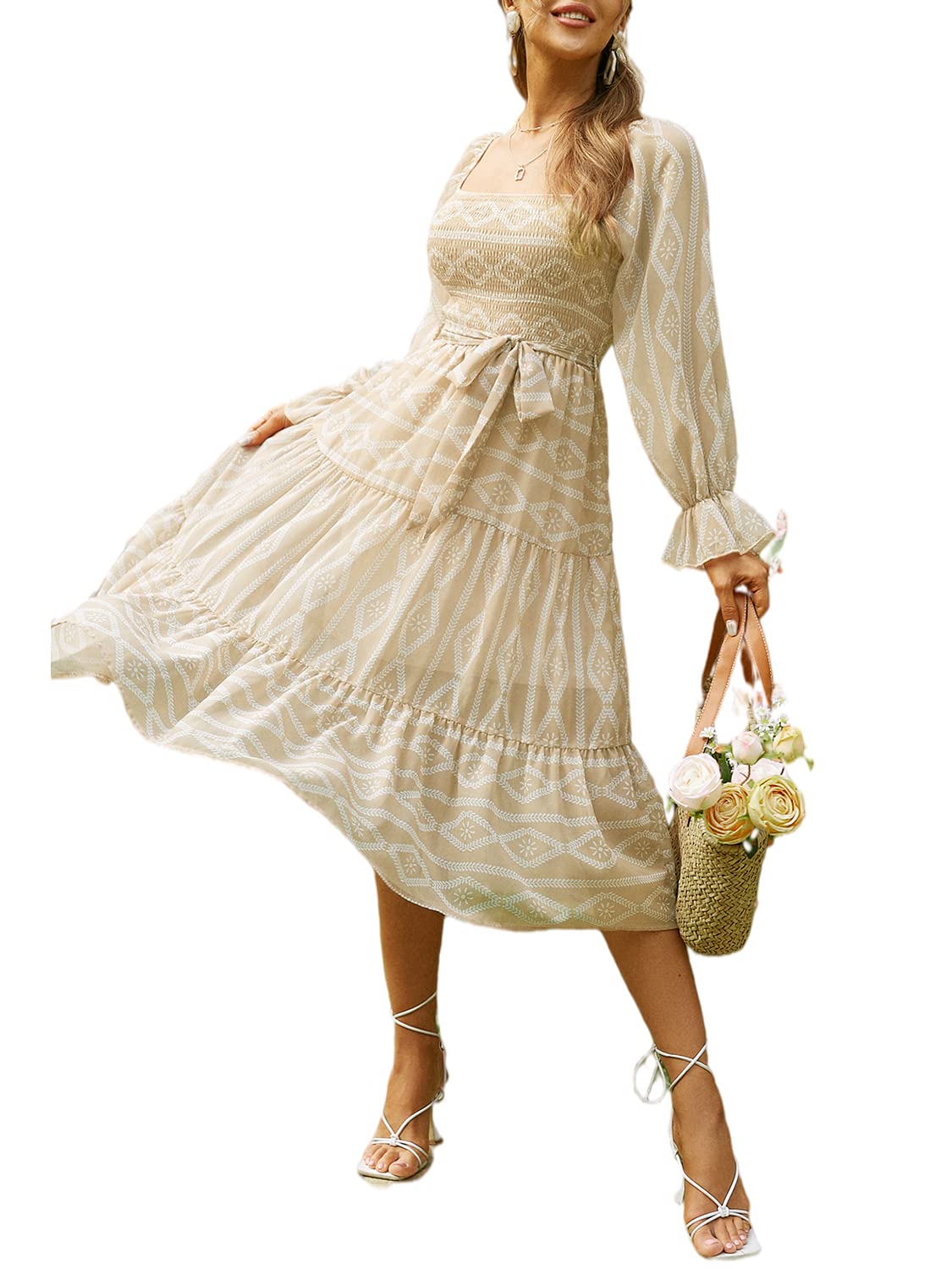 Amegoya Women's Boho Floral Midi Dress - Long Sleeve Square Neck Smocked Waist Flowy Dress for Spring Fall Wedding Guest, Party, Date Night & Casual Outings