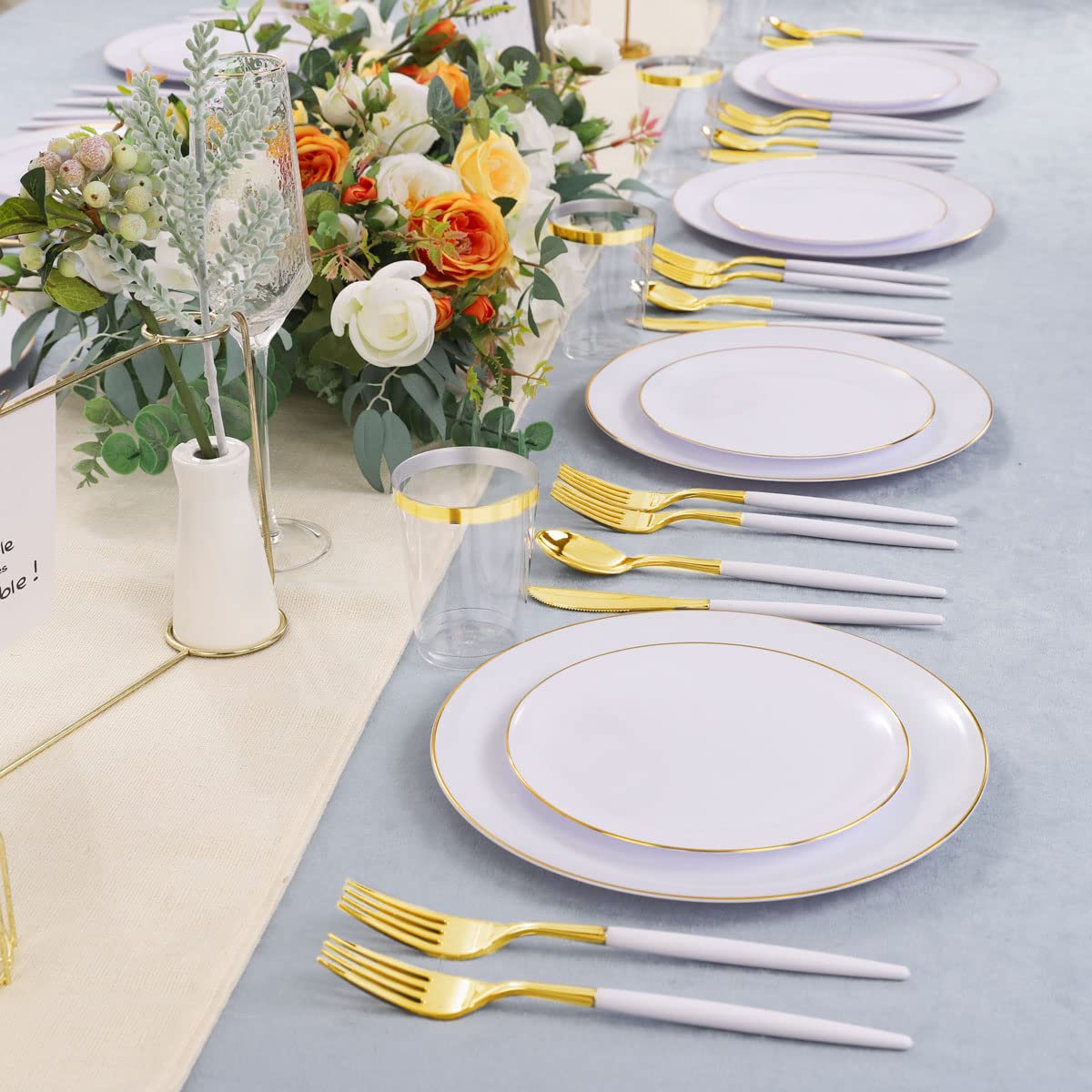 180-Piece White & Gold Disposable Plastic Plate Set - Heavy Duty Gold Plastic Dinnerware with White Handles for Parties, Birthdays, Weddings | Elegant Disposable Tableware for Catering, Events & Special Occasions
