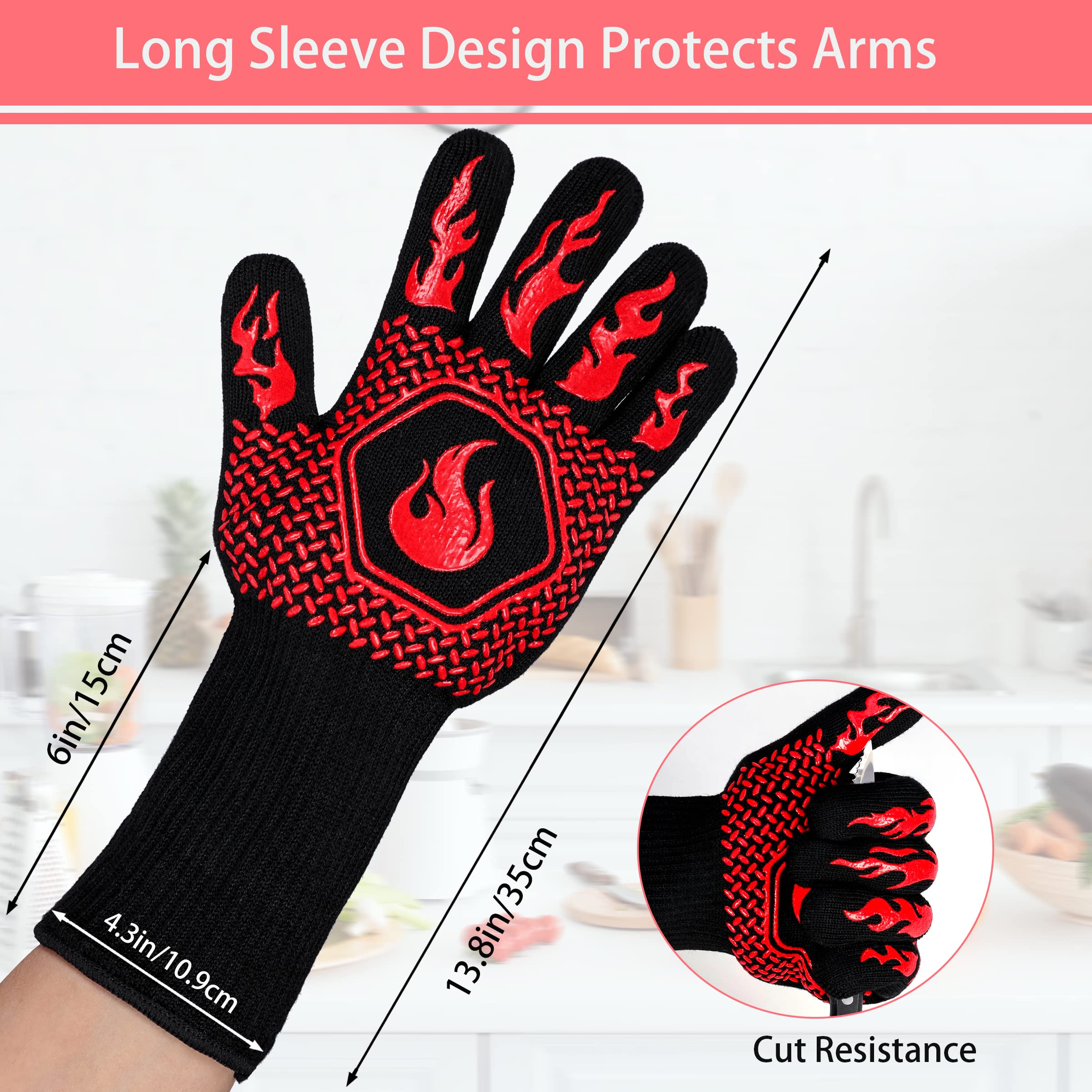 Heat-Resistant BBQ Gloves - 1472°F Fireproof & Cut-Resistant Grill Gloves with Non-Slip Silicone Grip for Safe Cooking, Grilling, Frying & Baking - Perfect for Outdoor BBQ, Camping & Kitchen Use (2 Pairs, Red)