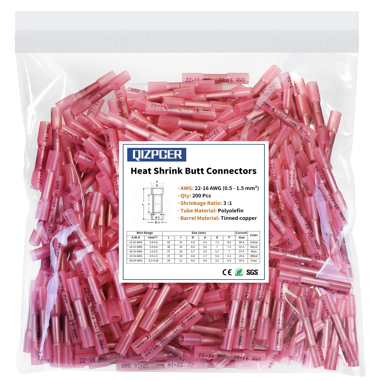 200 Pcs Red Heat Shrink Butt Wire Connectors 22-16 AWG - Waterproof Insulated Electrical Crimp Terminals for Automotive, Marine, Boat & Car Wiring - Perfect for DIY Repairs, Electrical Projects and Waterproof Connections