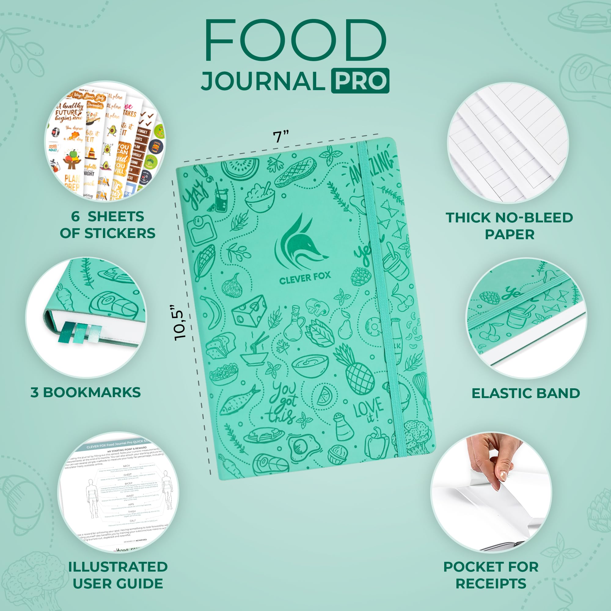 Clever Fox Food Journal Pro – Diet & Wellness Planner for Weight Loss – Calorie Tracker & Meal Log – Exercise & Fitness Diary – Undated 7x10 Inch Turquoise Notebook – Perfect for Healthy Eating & Workout Tracking at Home or Gym