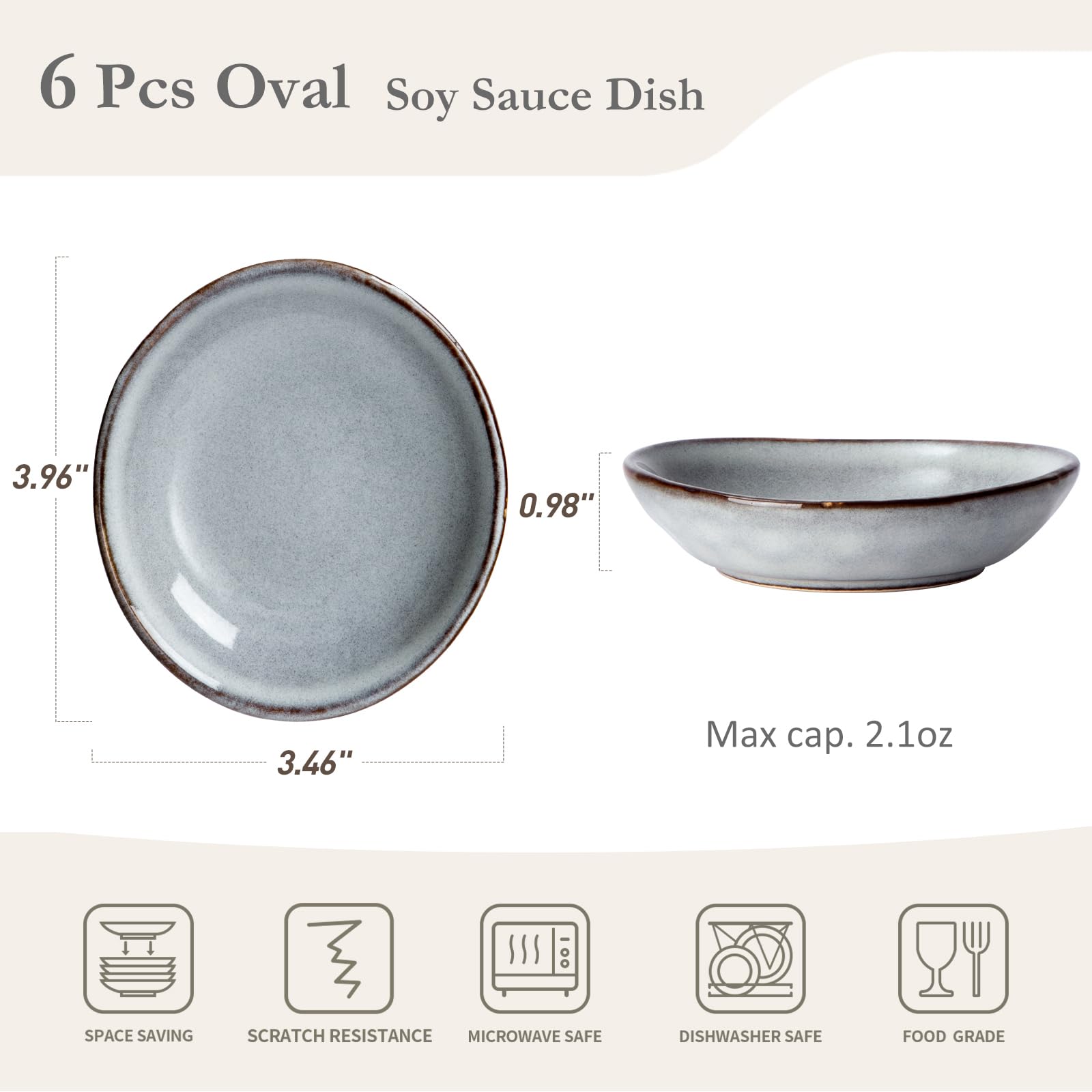 Famiware 6-Piece Ocean Soy Sauce Dishes Set - 2.1oz Ceramic Small Bowls for Dipping Sauces, Side Dishes, Appetizers, Snacks & Sushi | Reactive Glaze Finish, Dishwasher Safe, Grey | Perfect for Japanese Cuisine, Asian Restaurants & Home Kitchens