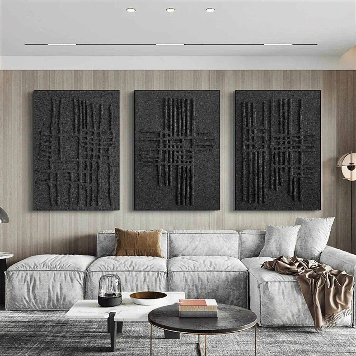 Black Minimalist Textured Painting Canvas Set of 3 - Modern Abstract Wall Art for Living Room, Bedroom & Office Decor #MZ119