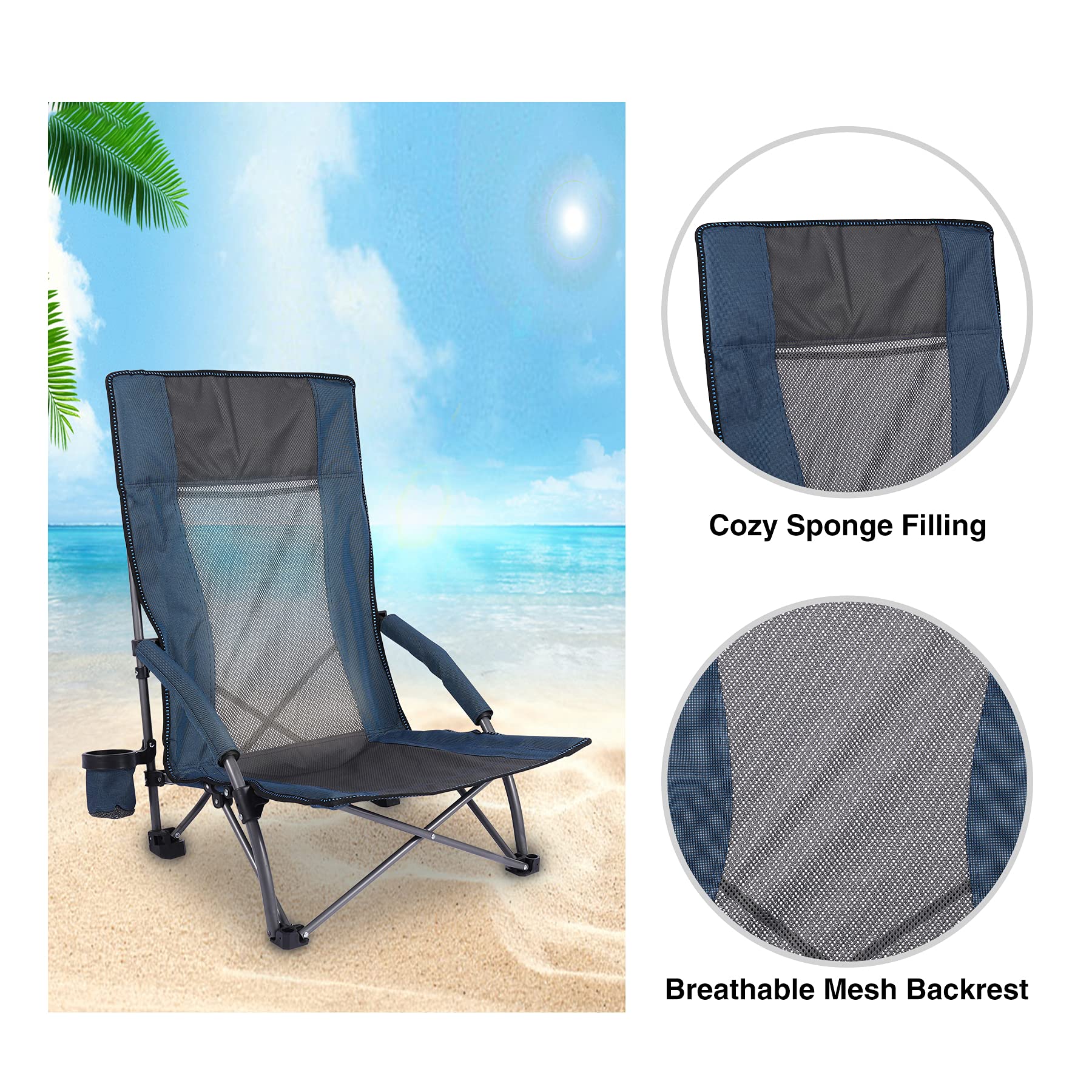 REDCAMP High Back Beach Chairs for Adults 2 Pack - Oversized Folding Low Beach Chairs with Carry Bag, Lightweight Portable for Camping, Backpacking, Concerts & Outdoor Sports (Navy Blue) - Perfect for Beach Vacations, Picnics, Poolside Relaxation and Backyard BBQs
