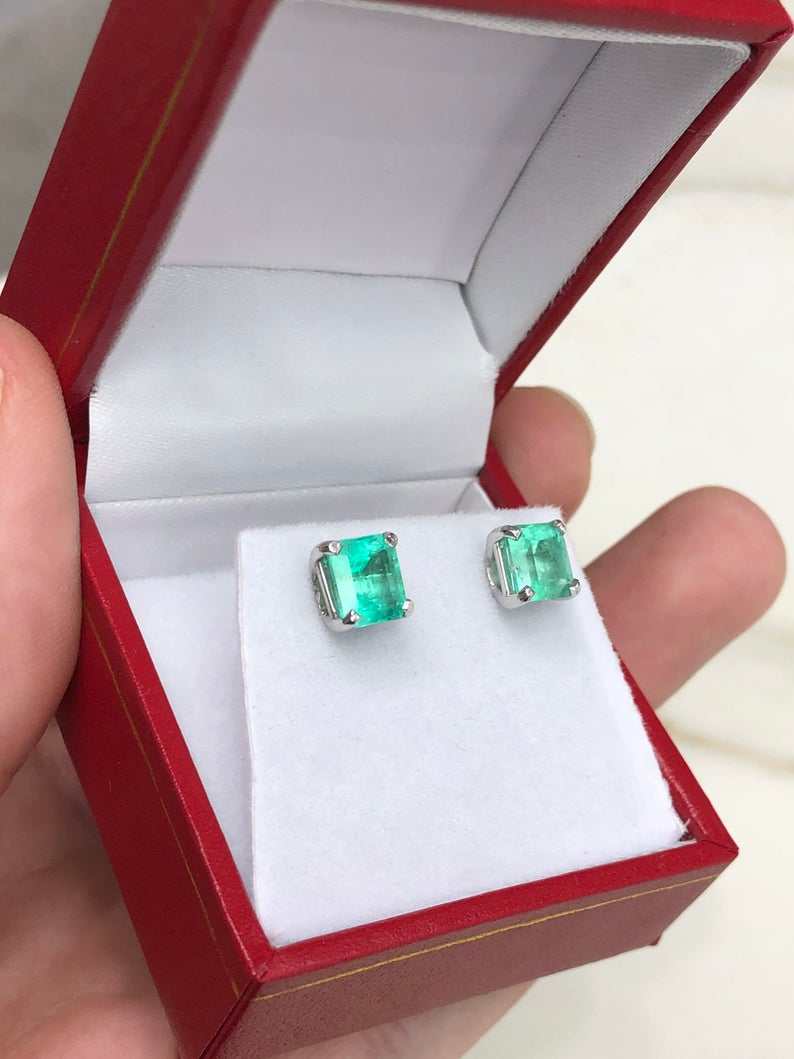 2.75tcw Asscher Cut Emerald Stud Earrings in 14K White Gold - Floral Inspired Design for Weddings, Parties & Special Occasions