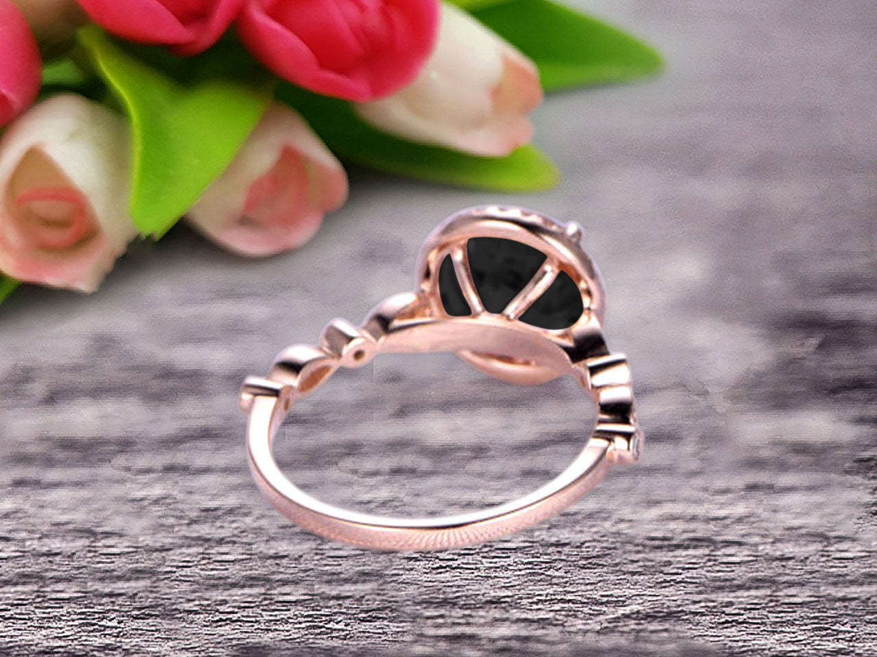 1.50 Carat Round Cut Black Diamond Moissanite Ring - 10k Rose Gold Engagement, Promise & Anniversary Ring - Art Deco Gemstone Jewelry for Weddings, Proposals & Special Occasions
