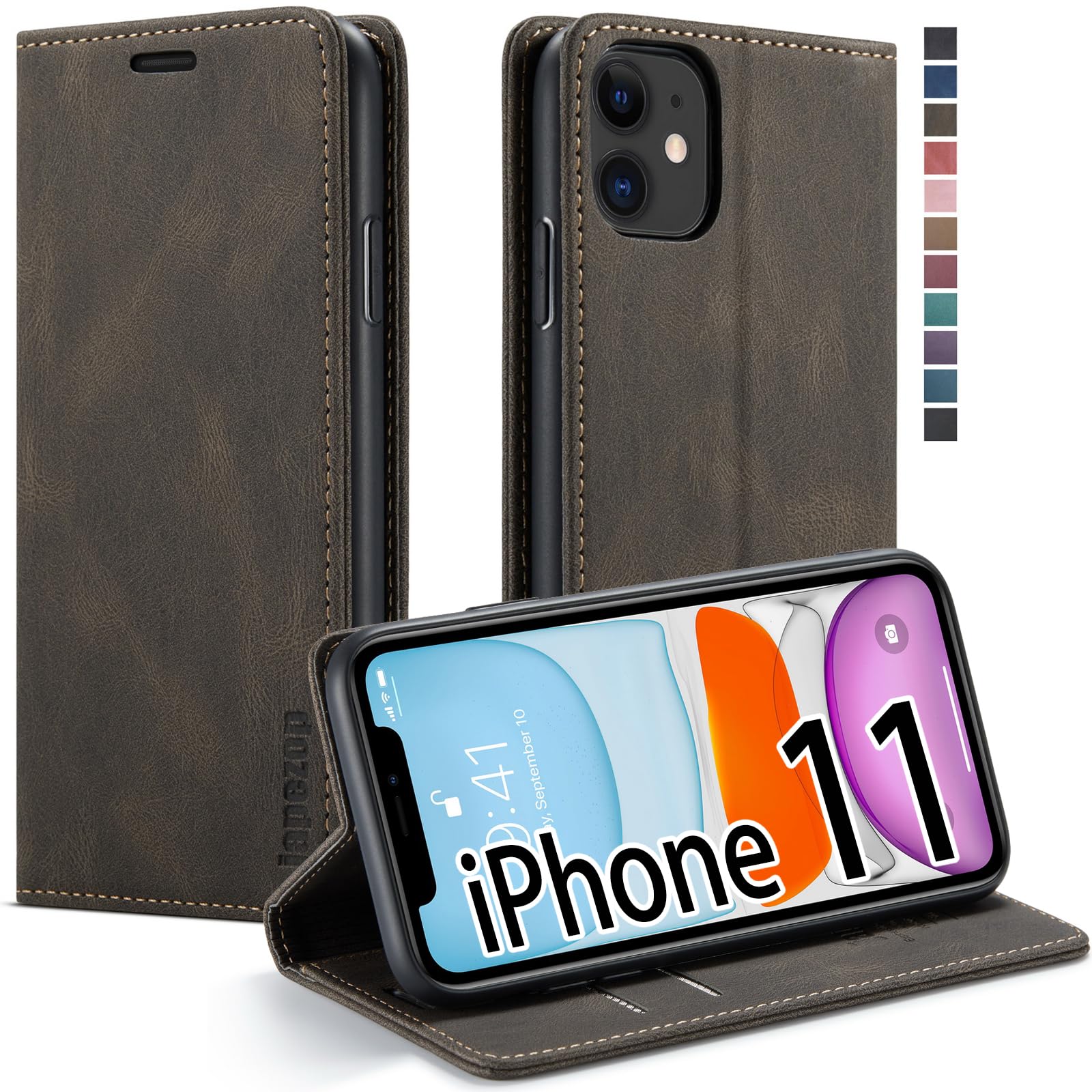 Japezop RFID Blocking Leather Wallet Case for iPhone 11 (6.1 Inch) - Flip Cover with Card Holder & Kickstand, Compatible with iPhone 11 - Perfect for Daily Use, Travel, and Secure Contactless Payments (Coffee)