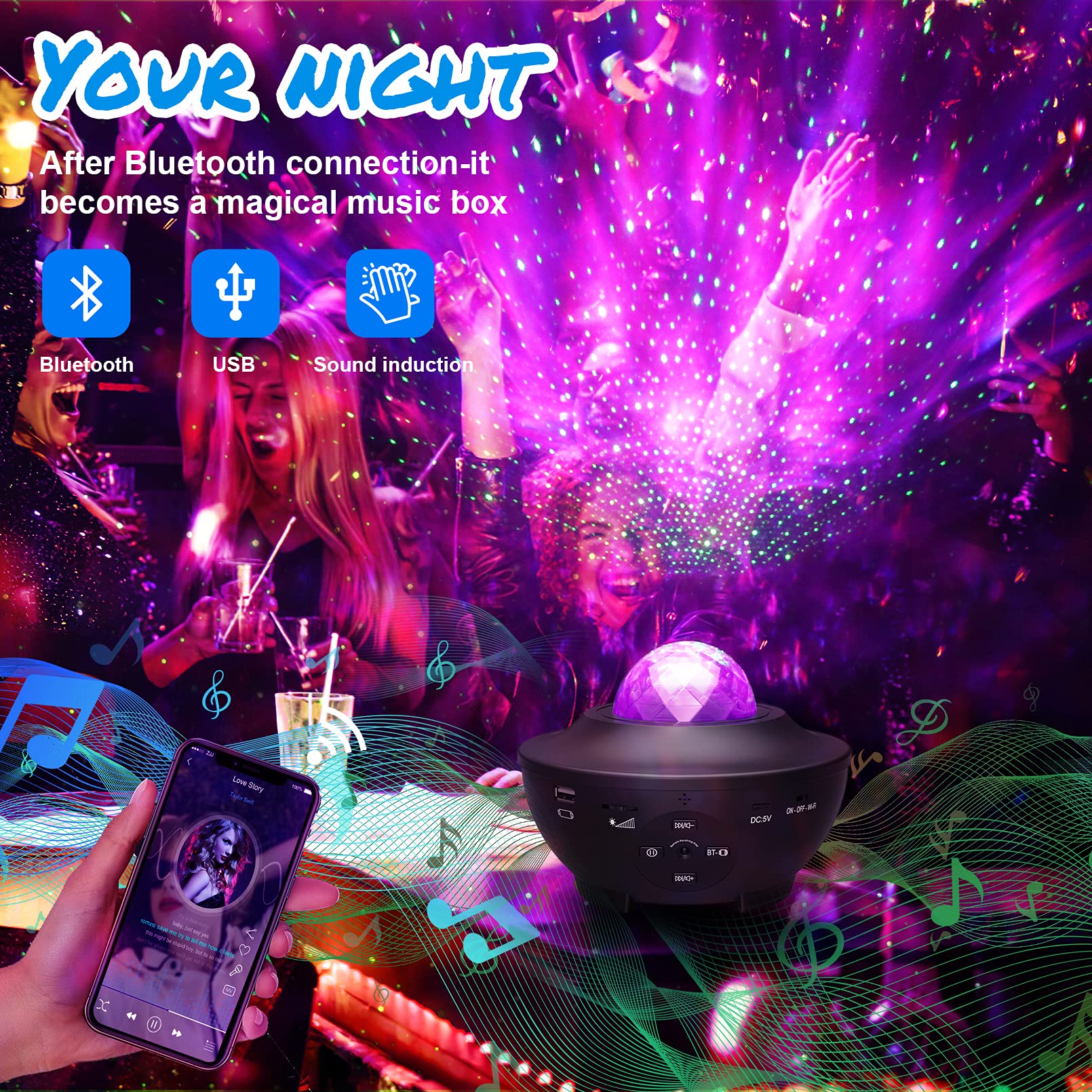 Galaxy Projector Night Light with Bluetooth Speaker & Timer - Starry Sky Projector for Bedroom, Kids Room, Party Decor - Perfect Christmas Gift for Adults & Teens