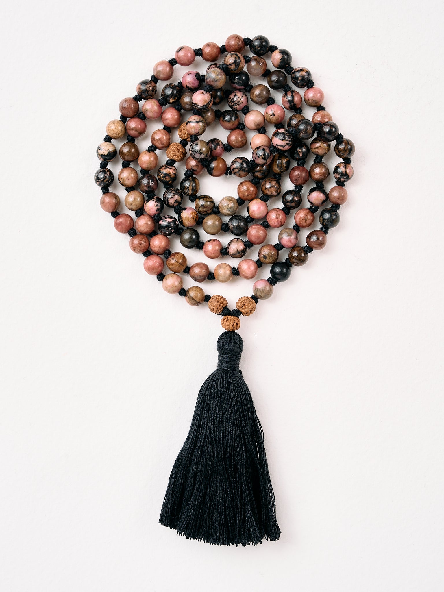 Black Rhodonite Mala Bead Necklace - Buddhist Meditation & Prayer Beads for Mindfulness, Yoga & Spiritual Healing