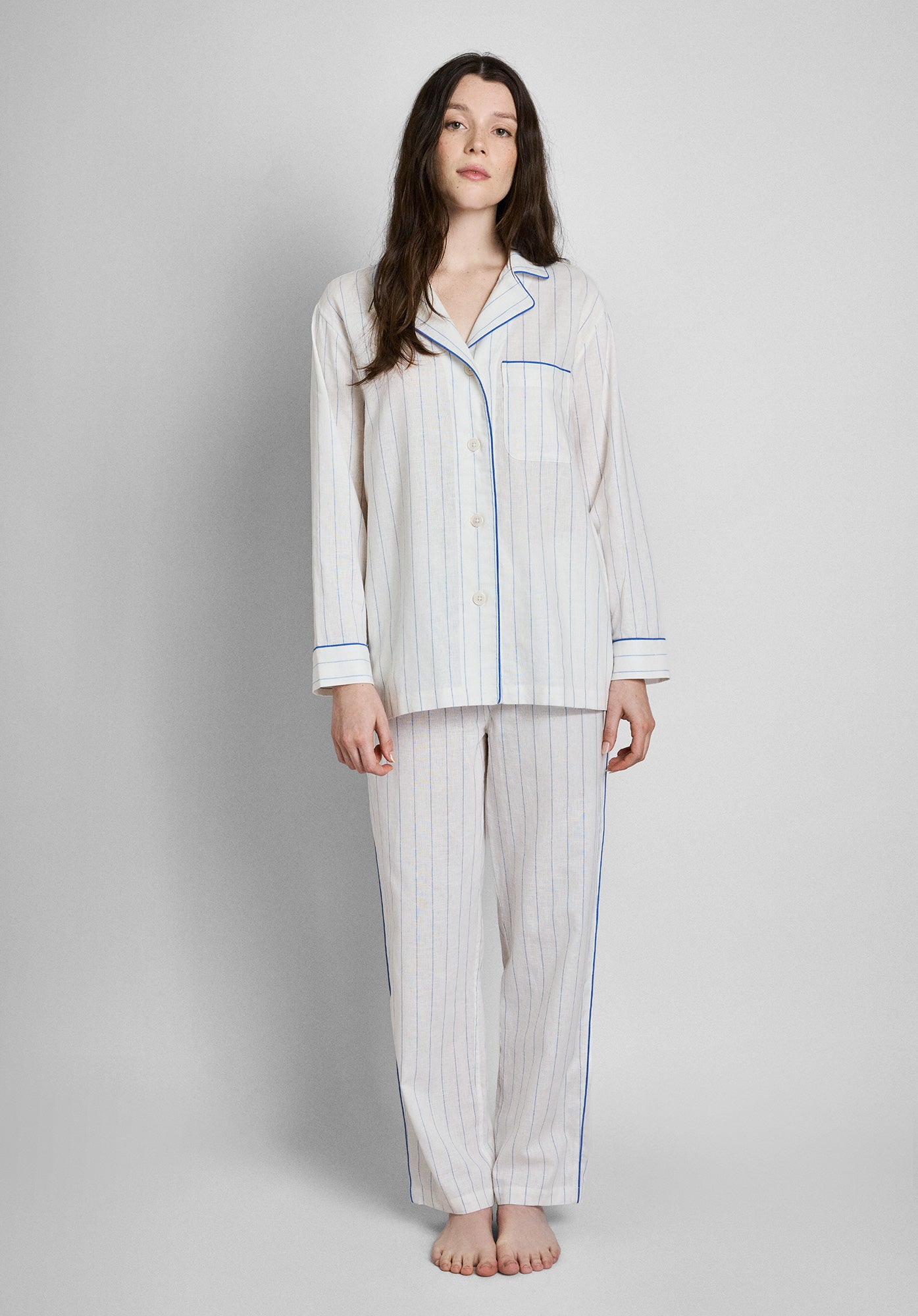 Margaret Women's Linen Cotton Pajama Set - Soft Baker Stripe Sleepwear for Lounge & Bedtime Comfort